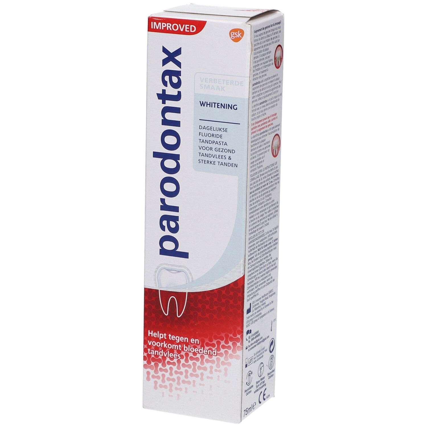 Emballage de dentifrice Parodontax Whitening. Aide à prévenir le saignement des gencives.