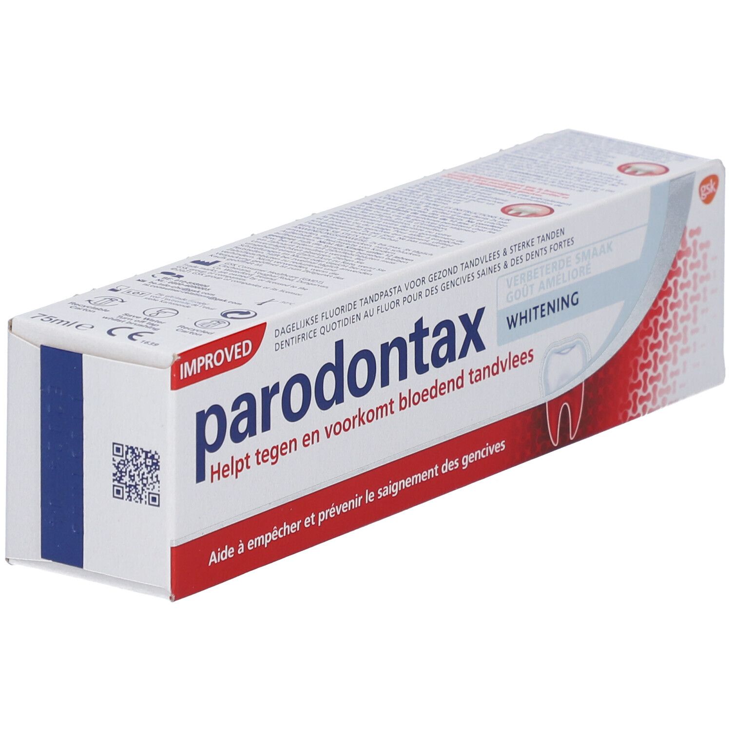 Emballage de dentifrice Parodontax Whitening. Aide à prévenir le saignement des gencives.