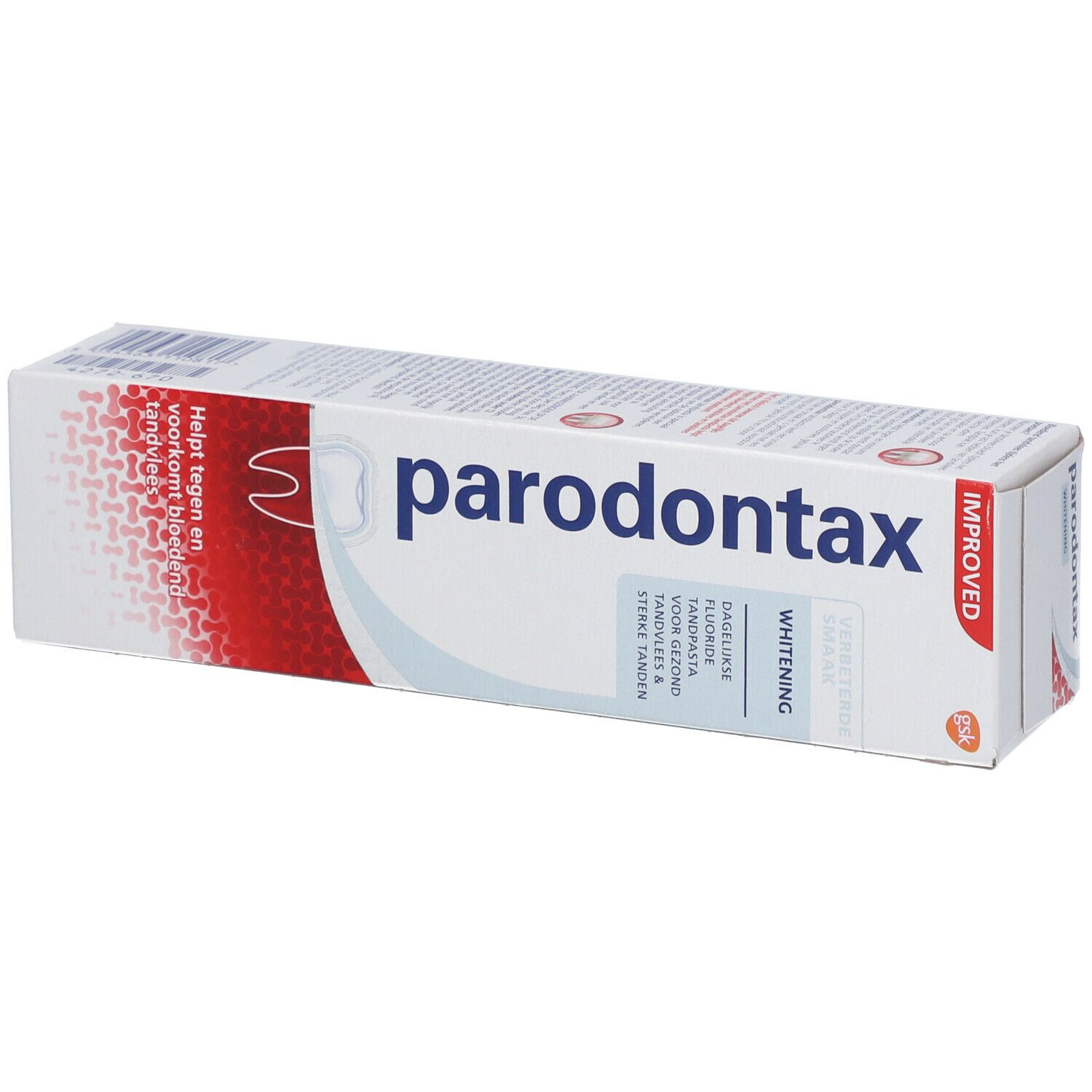 Emballage de dentifrice Parodontax Whitening. Aide à prévenir le saignement des gencives.