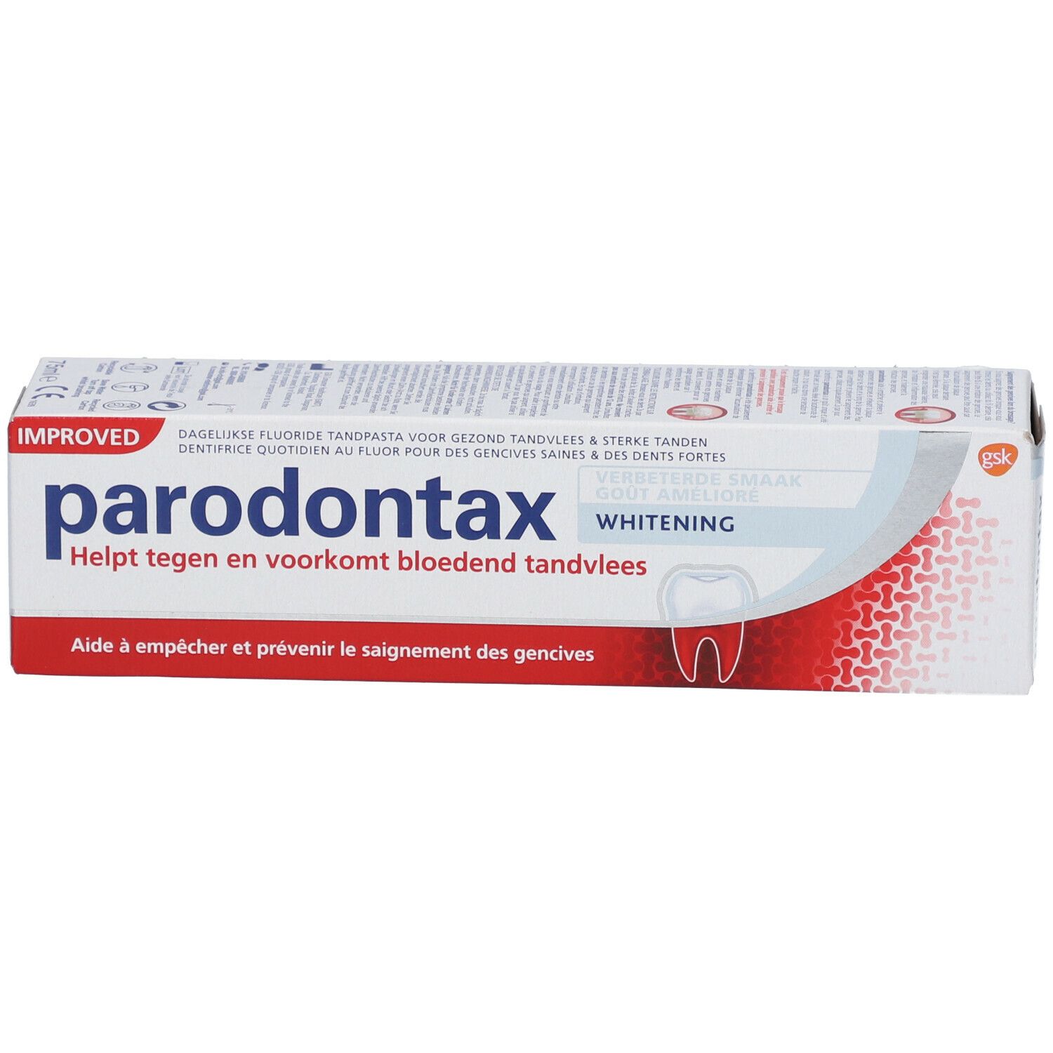 Emballage de dentifrice Parodontax Whitening. Aide à prévenir le saignement des gencives.