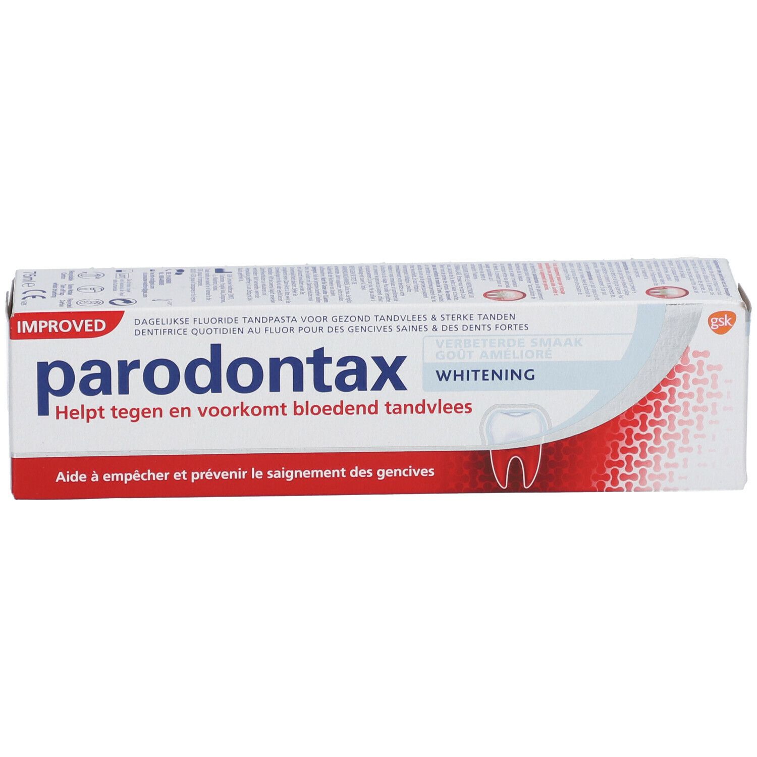 Emballage de dentifrice Parodontax Whitening. Aide à prévenir le saignement des gencives.