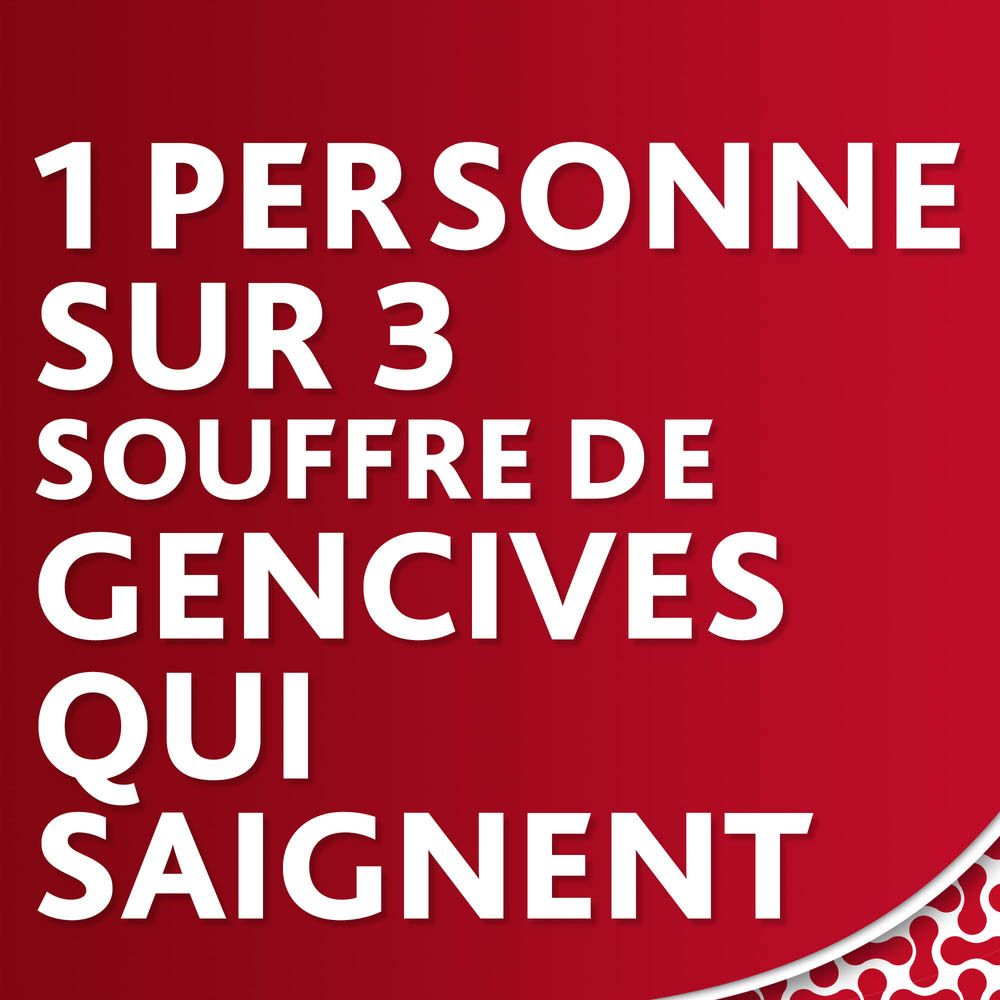 Texte sur fond rouge. 1 personne sur 3 souffre de gencives qui saignent.