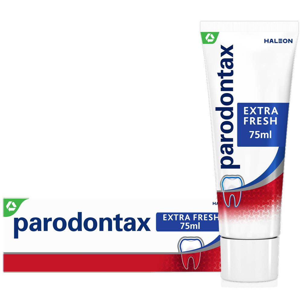 Tandpasta doos. Parodontax Extra Fresh. Helpt tegen bloedend tandvlees. 75ml.