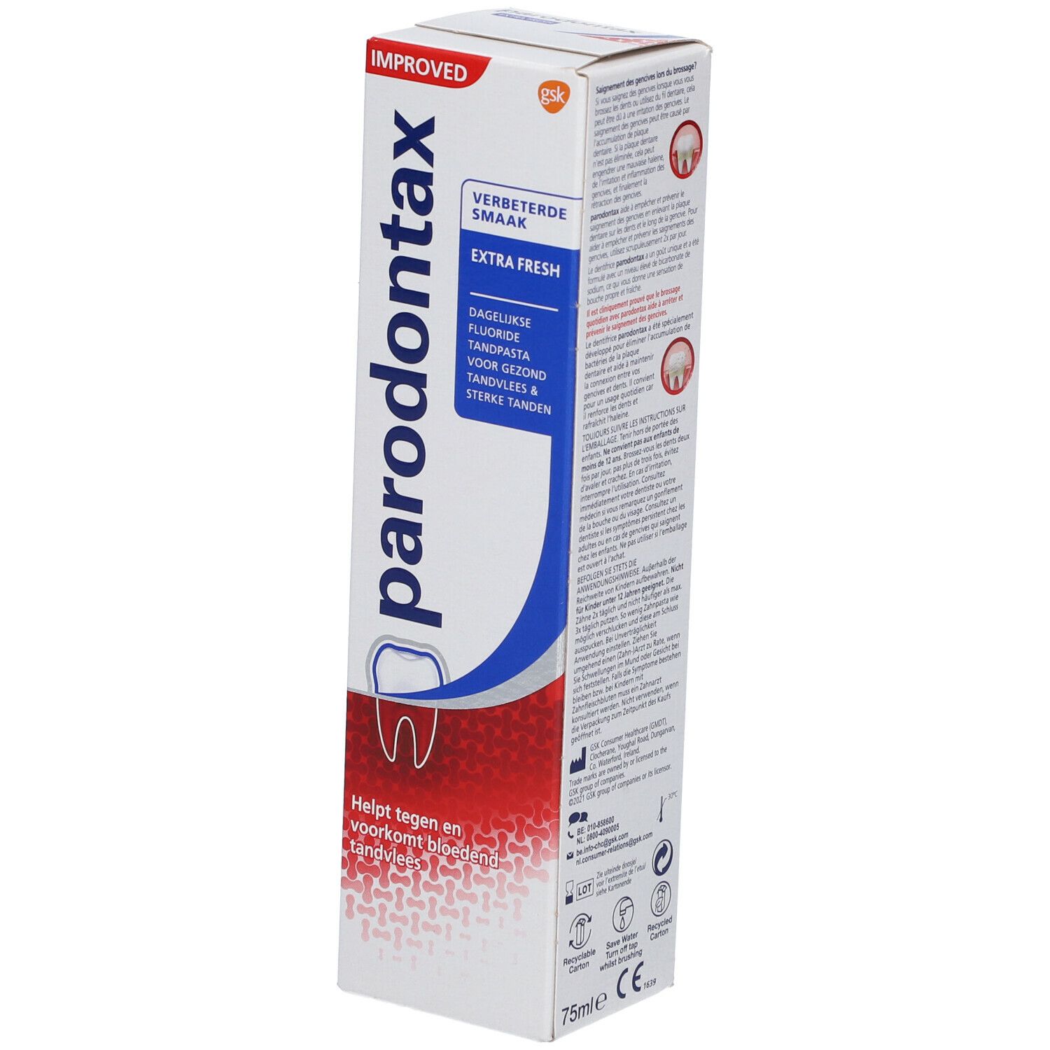 Tandpasta verpakking. Parodontax Extra Fresh. Helpt bloedend tandvlees te voorkomen. 75ml.