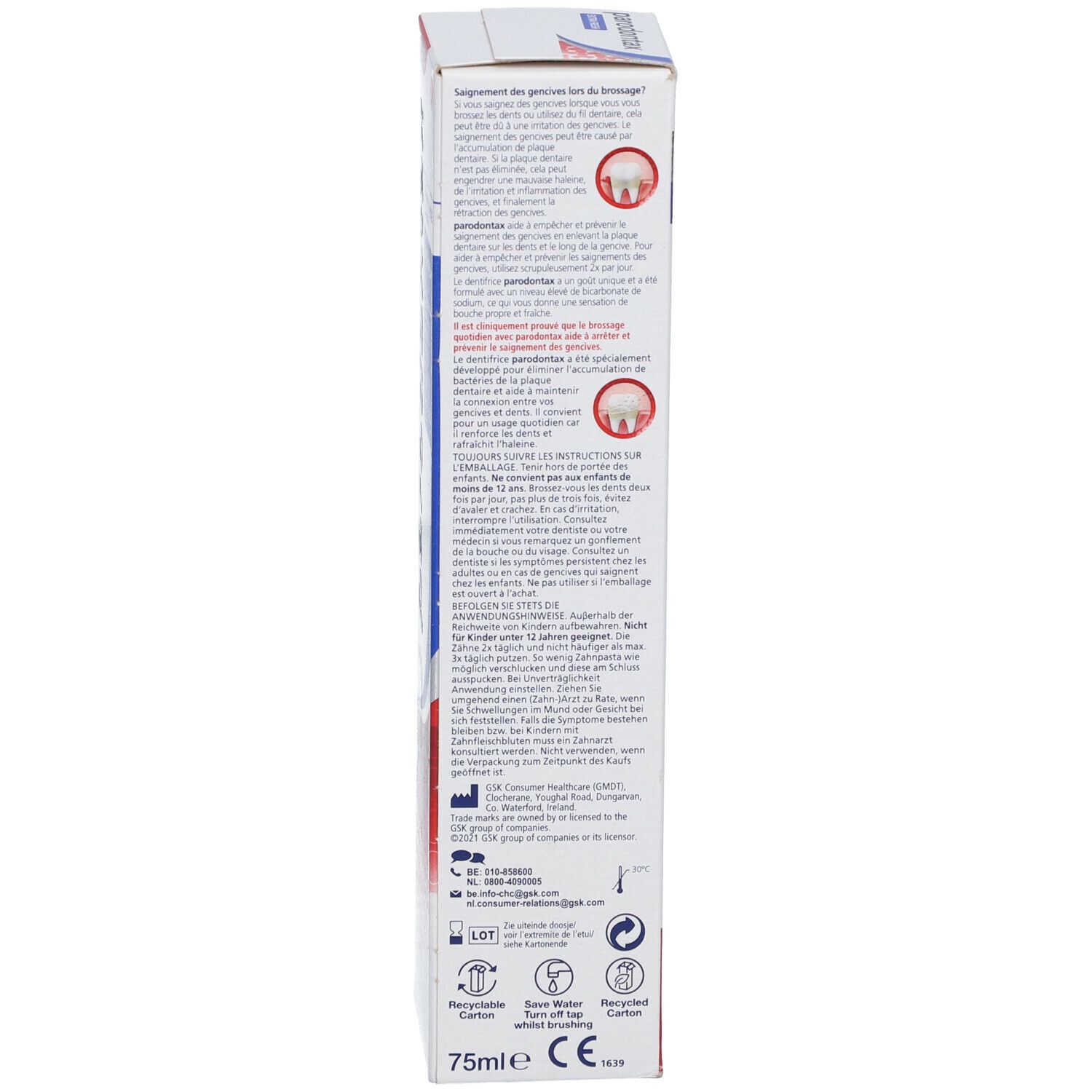 Tandpasta verpakking. Parodontax Extra Fresh. Helpt bloedend tandvlees te voorkomen. 75ml.