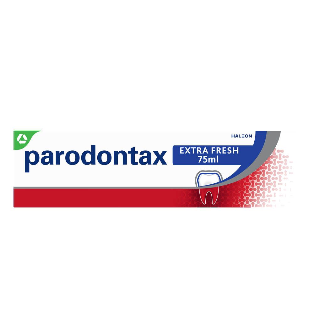 Tandpasta doos. Parodontax Extra Fresh. Helpt tegen bloedend tandvlees. 75ml.