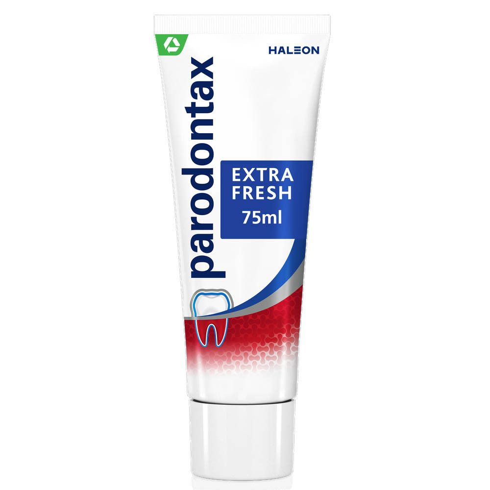 Tandpasta doos. Parodontax Extra Fresh. Helpt tegen bloedend tandvlees. 75ml.