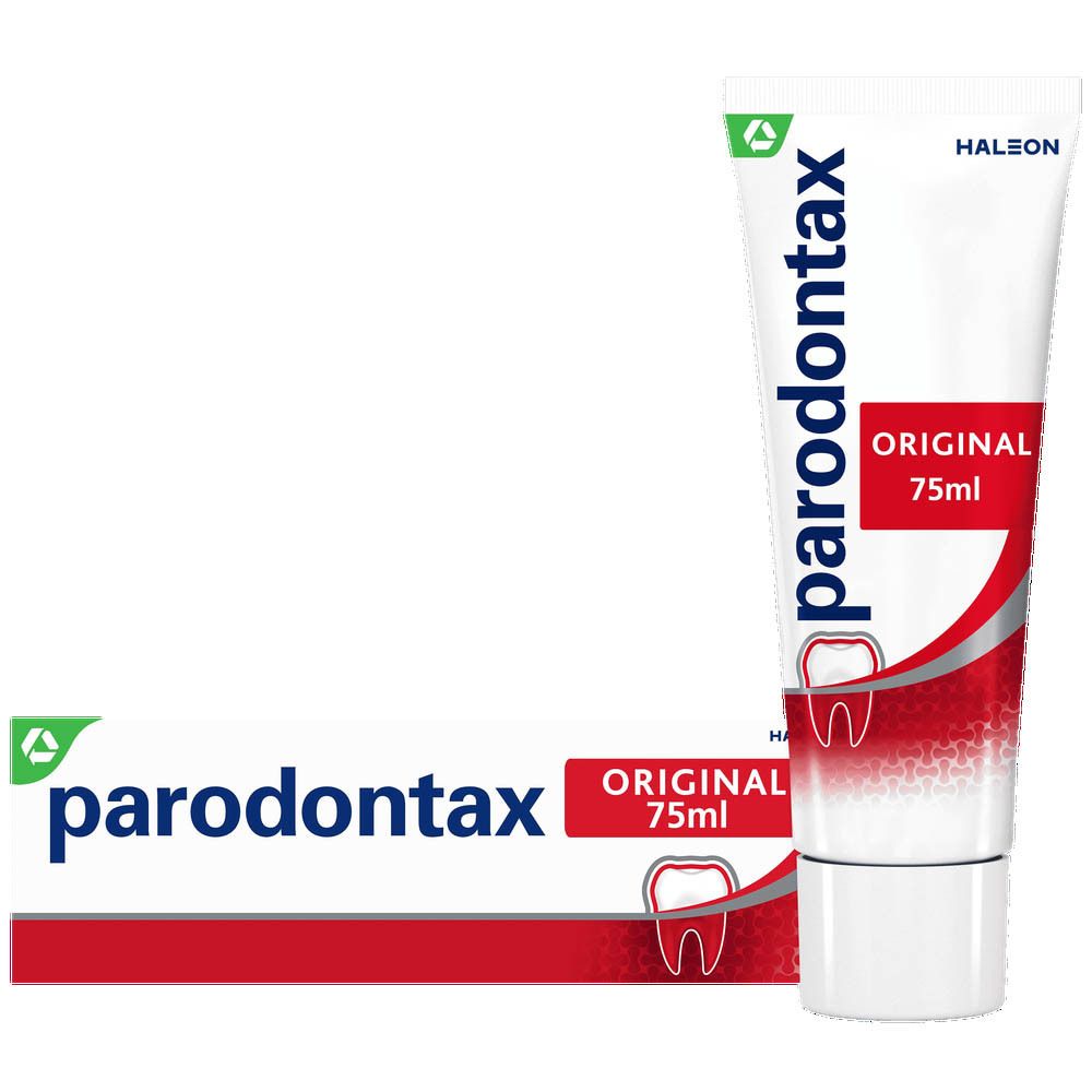 Dentifrice parodontax® Original et emballage. Tube et boîte avec nom du produit et logo.