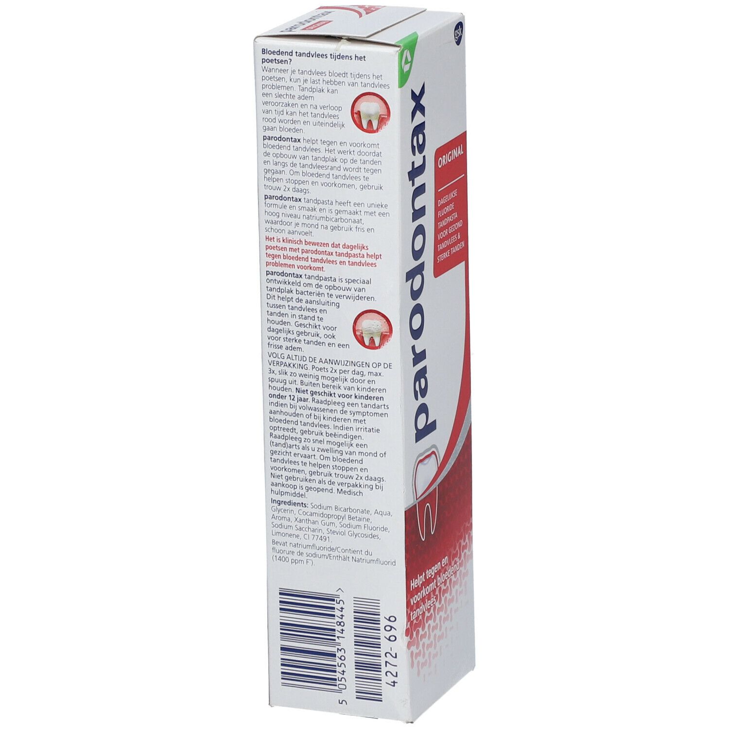 Dos de l'emballage de dentifrice parodontax® Original. Texte multilingue et code-barres.