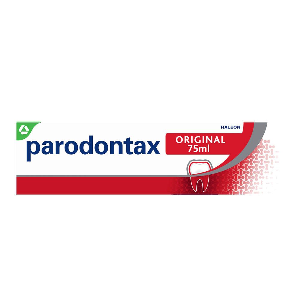 Emballage de dentifrice parodontax® Original. Boîte avec nom du produit et logo.