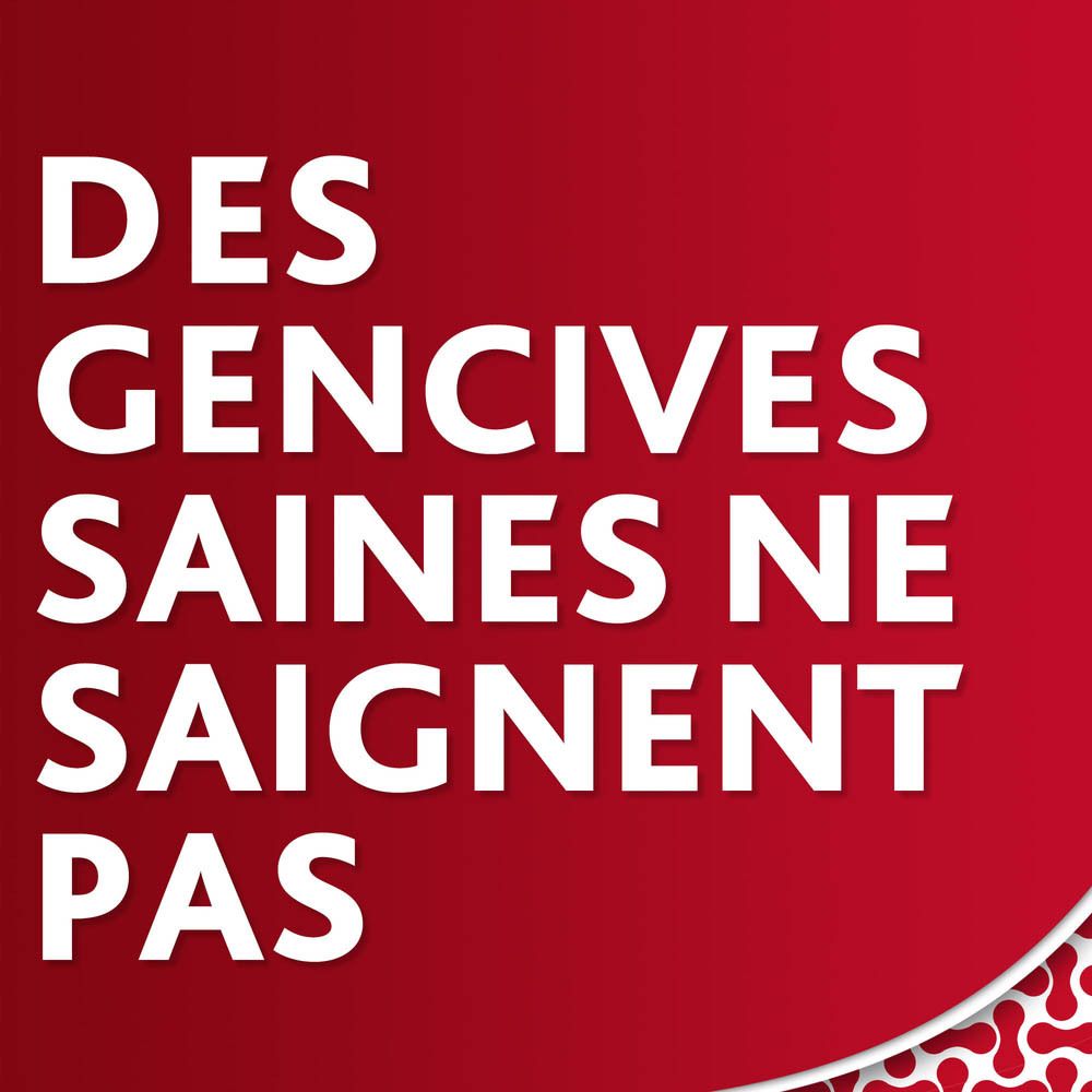Texte sur fond rouge : Des gencives saines ne saignent pas.