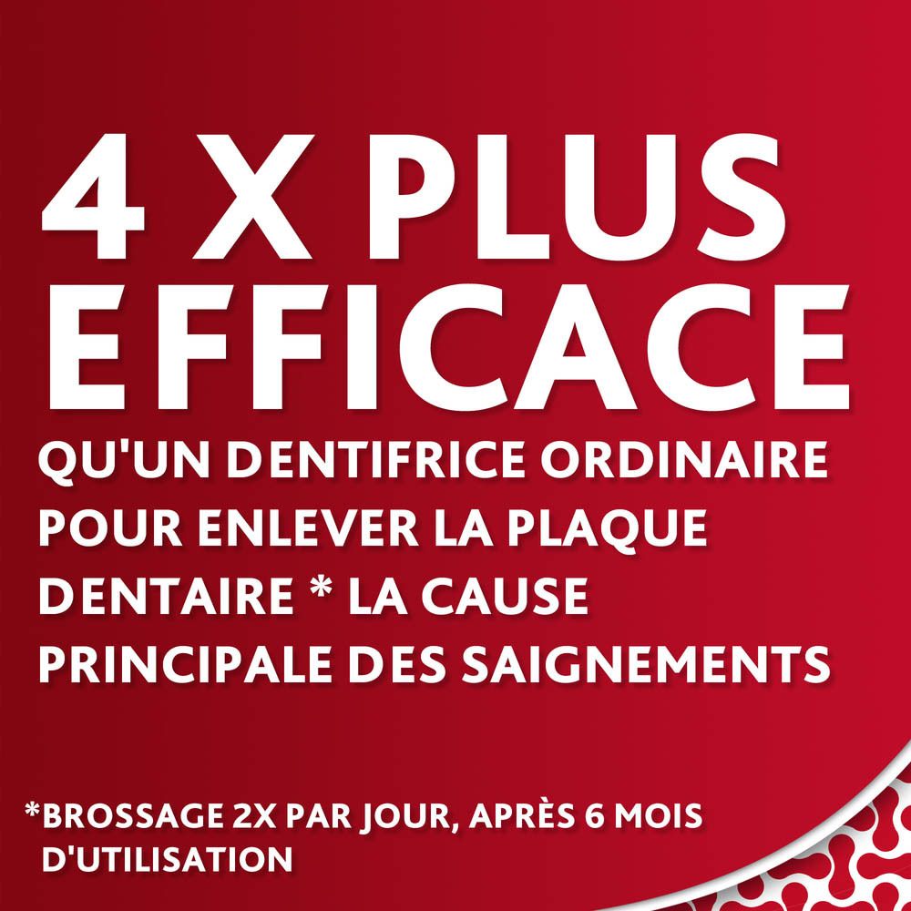 Texte sur fond rouge : 4 X plus efficace pour enlever la plaque dentaire.