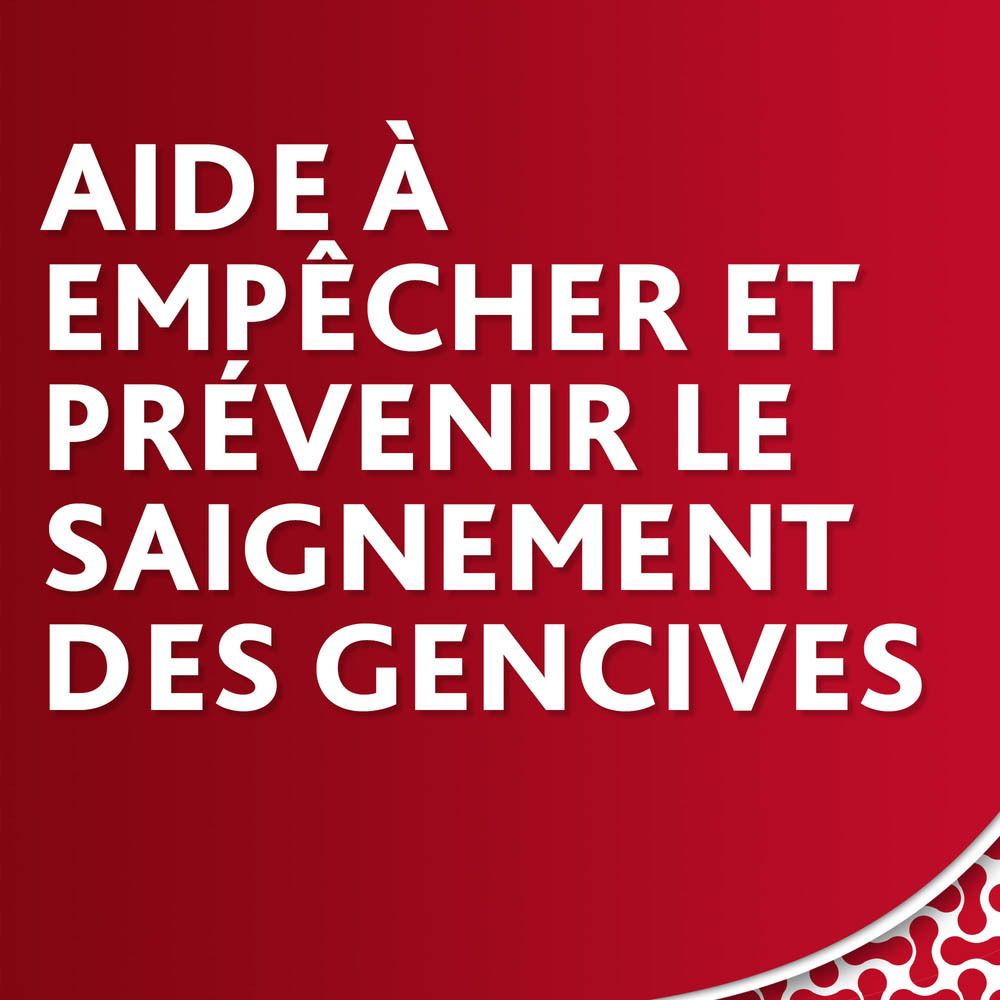 Texte sur fond rouge : Aide à empêcher et prévenir le saignement des gencives.