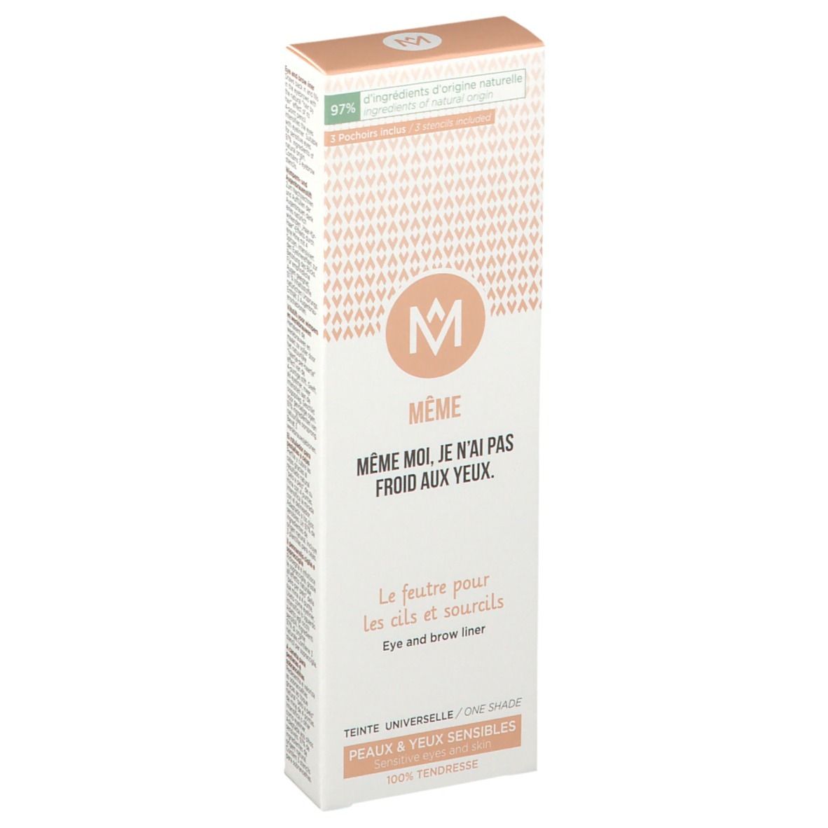 MÊME Augenbrauenstift-Box. Weiß, mit Logo und Text. 97% Inhaltsstoffe natürlichen Ursprungs. Eye and brow liner.