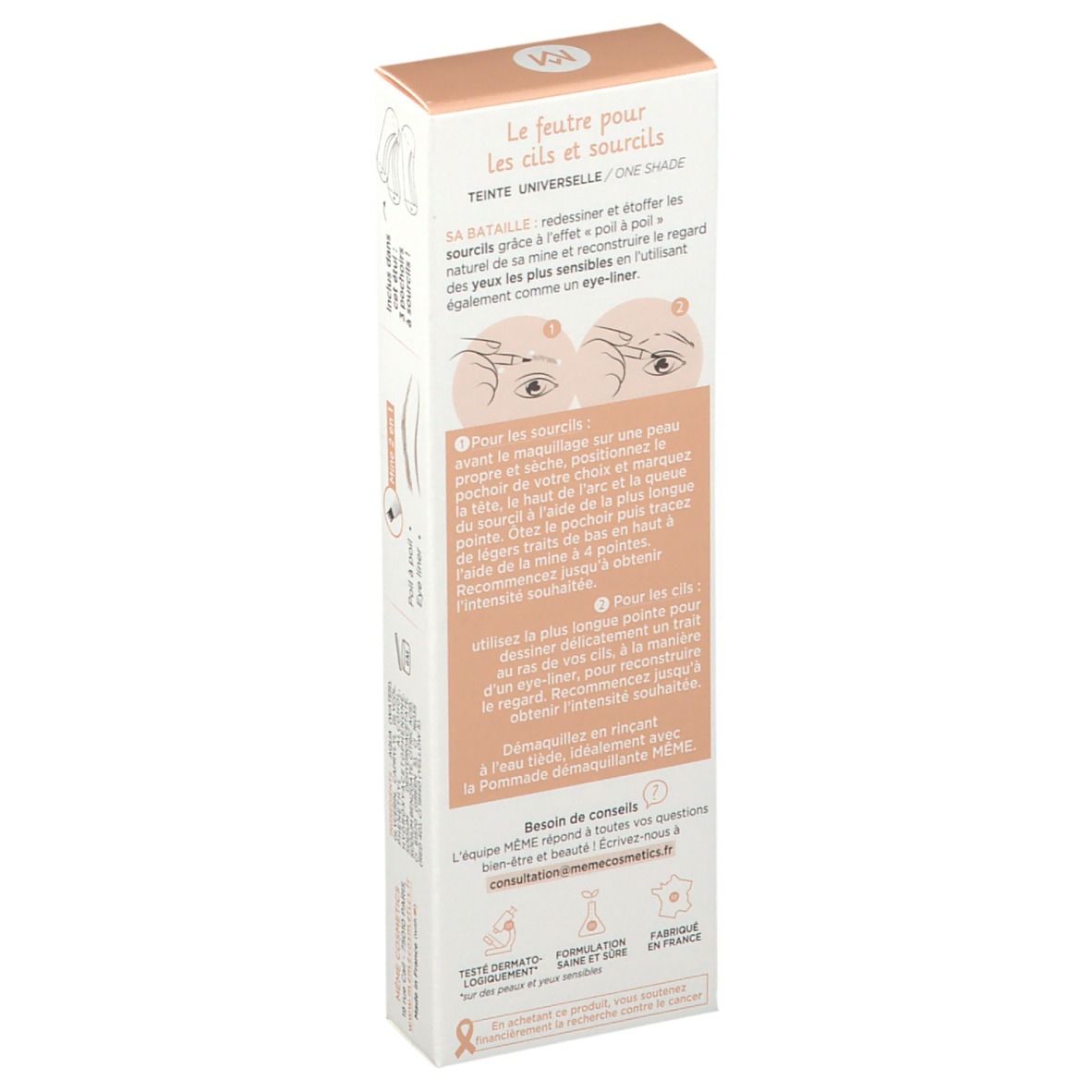 MÊME Augenbrauenstift-Box, Rückseite. Weiß, mit Text und Illustrationen. Eye and brow liner. Anwendungshinweise.