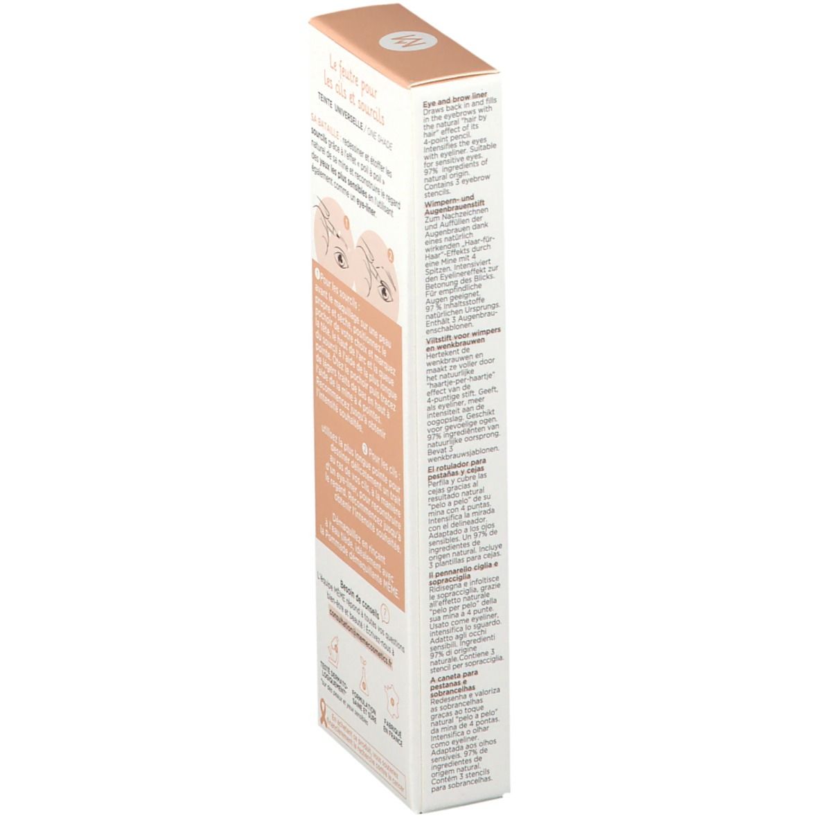 MÊME Augenbrauenstift-Box, Seite. Weiß, mit Text und Illustrationen. Eye and brow liner. Anwendungshinweise.