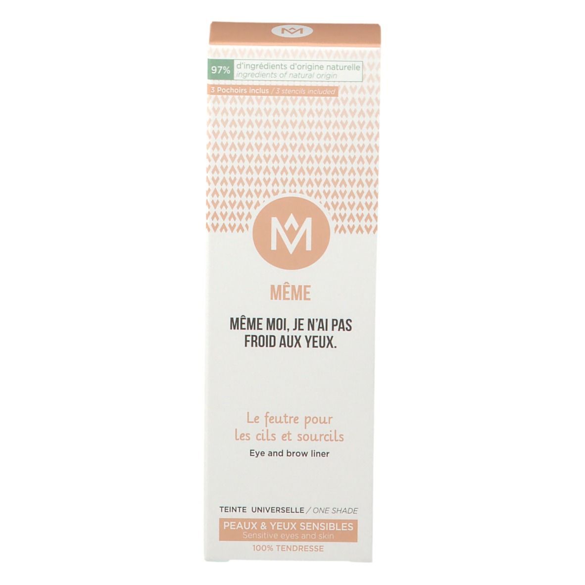 MÊME Augenbrauenstift-Box. Weiß, mit Logo und Text. 97% Inhaltsstoffe natürlichen Ursprungs. Eye and brow liner.