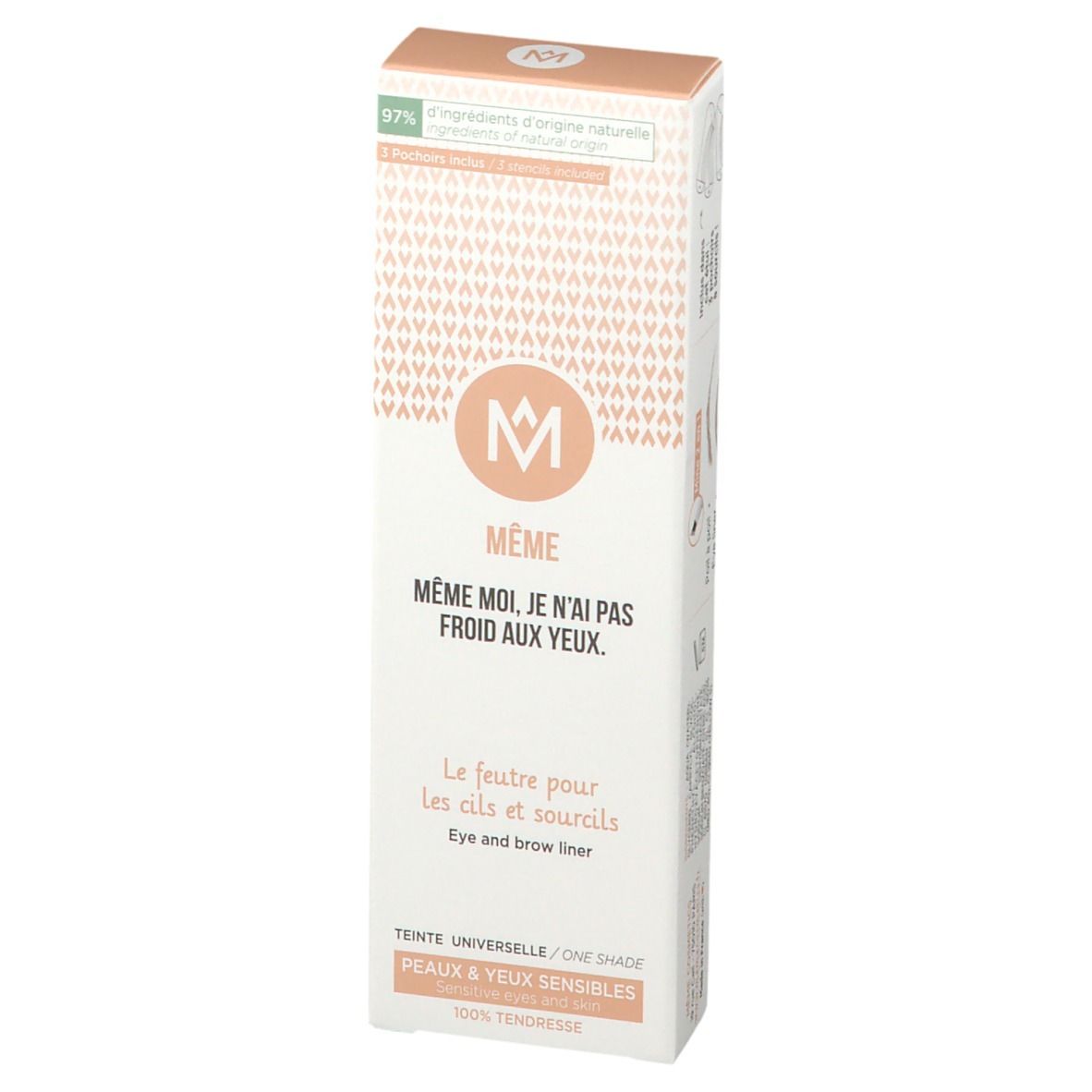 MÊME Augenbrauenstift-Box. Weiß, mit Logo und Text. 97% Inhaltsstoffe natürlichen Ursprungs. Eye and brow liner.