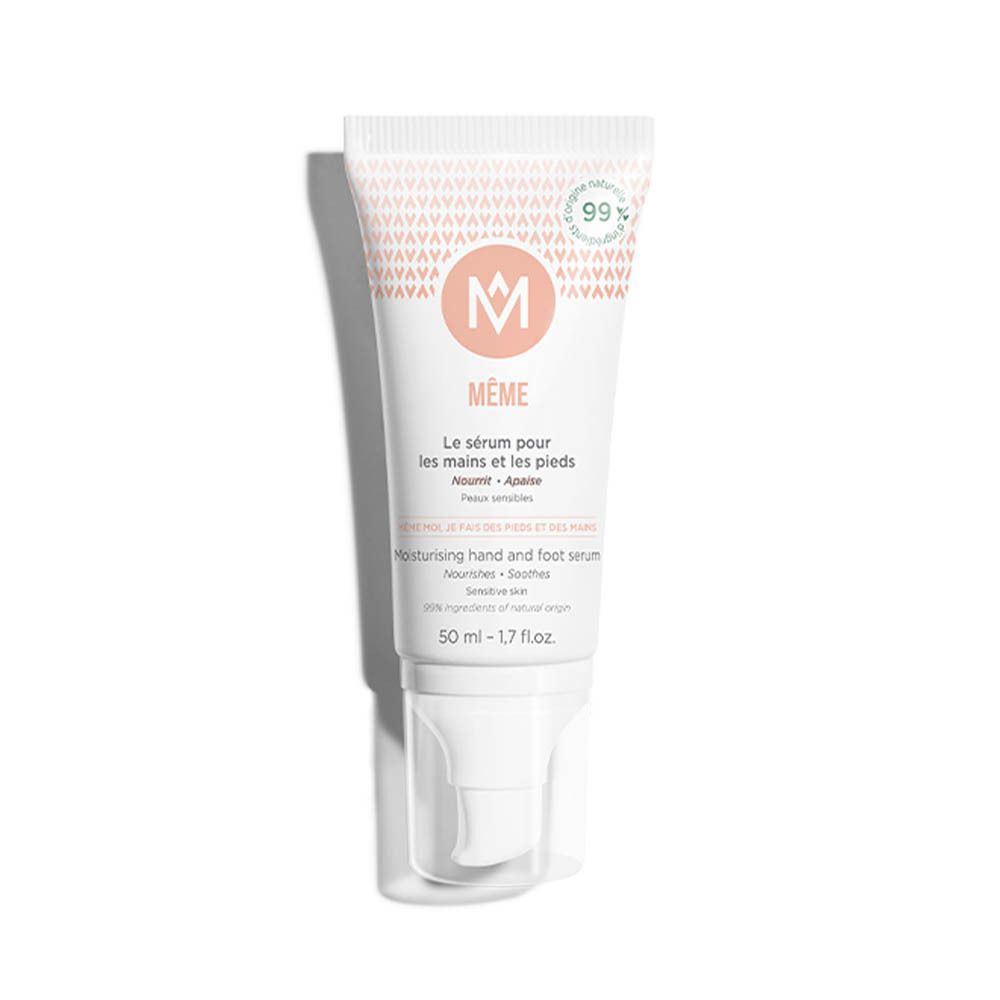 Tube blanc avec logo et texte. Inscription: Le sérum pour les mains et les pieds. Contenance: 50 ml.