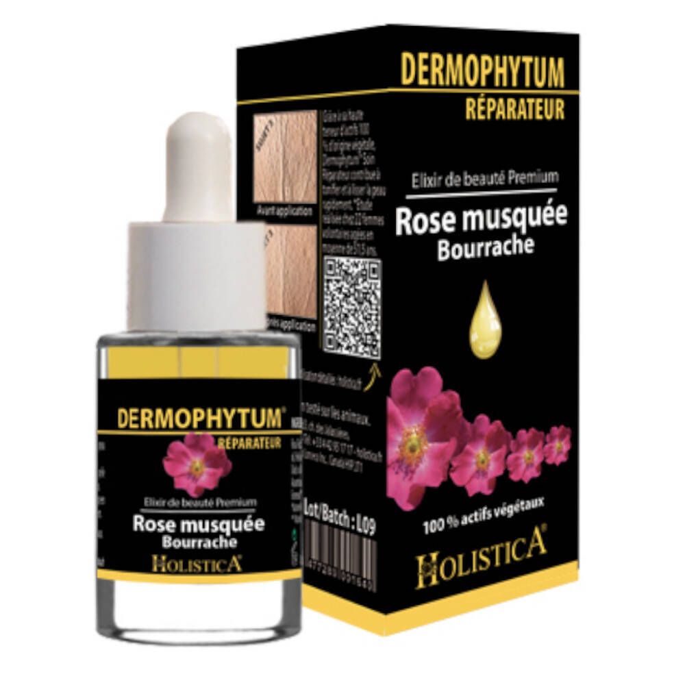 Fläschchen mit Pipette und Verpackung. Aufschrift: Dermophytum Réparateur, Rose musquée Bourrache, Holistica. Mit Rosenblüten.