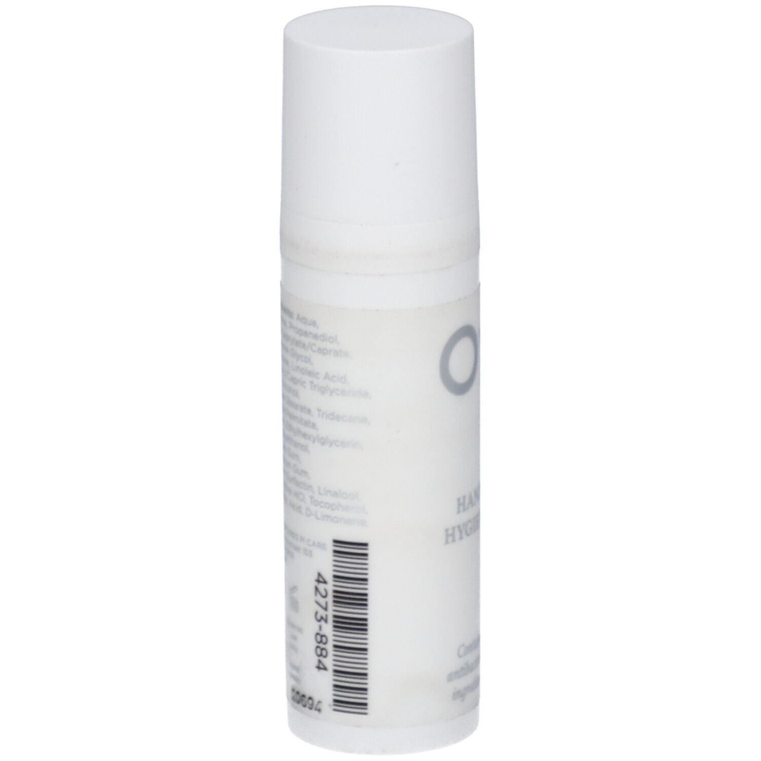 Witte fles met doseerkop. Opschrift: Ingrediënten, barcode. Achterkant met ingrediënten en barcode.