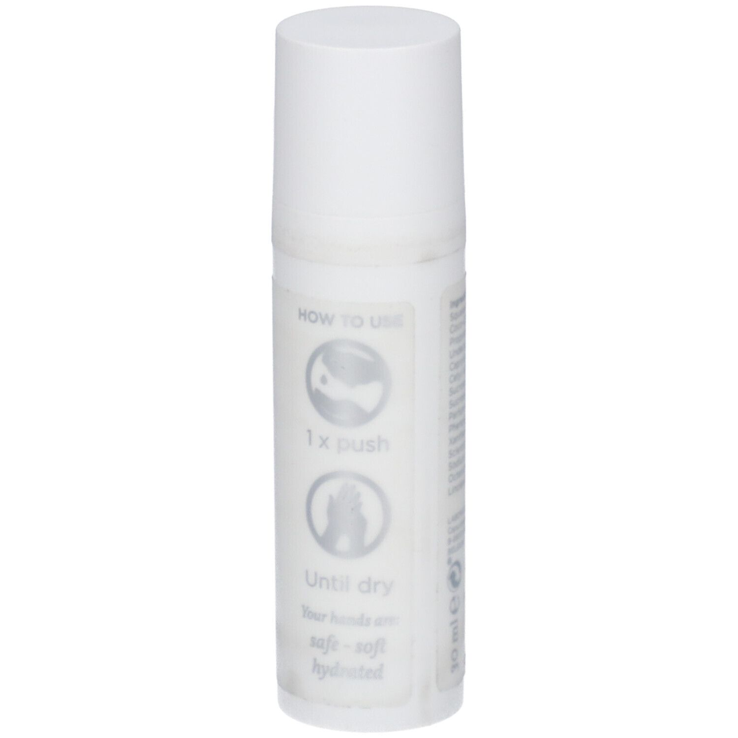 Witte fles met doseerkop. Opschrift: 1 x drukken, tot droog. Handen zacht, soepel, gehydrateerd. 30 ml.