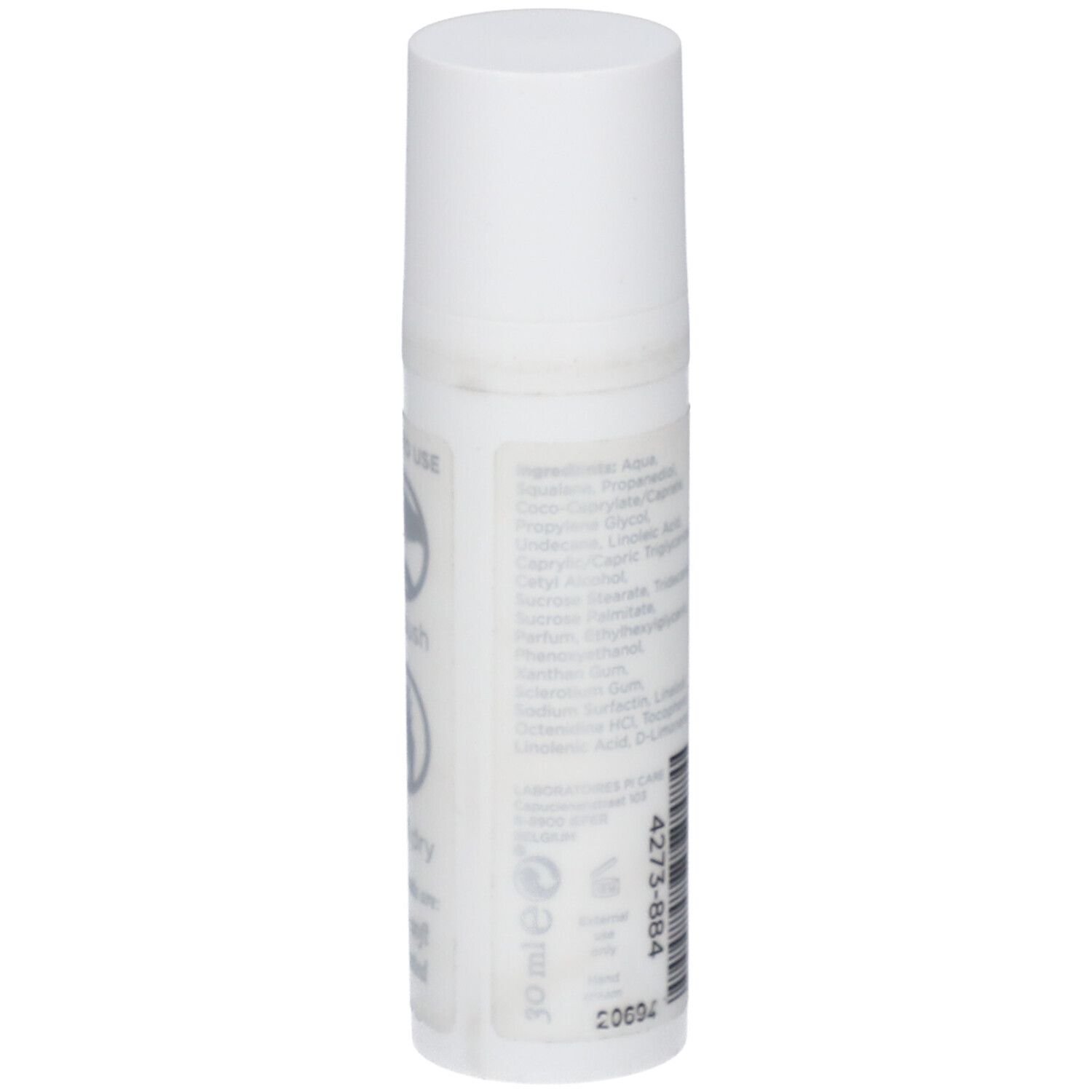 Witte fles met doseerkop. Opschrift: Ingrediënten, 30 ml. Achterkant met ingrediënten en barcode.