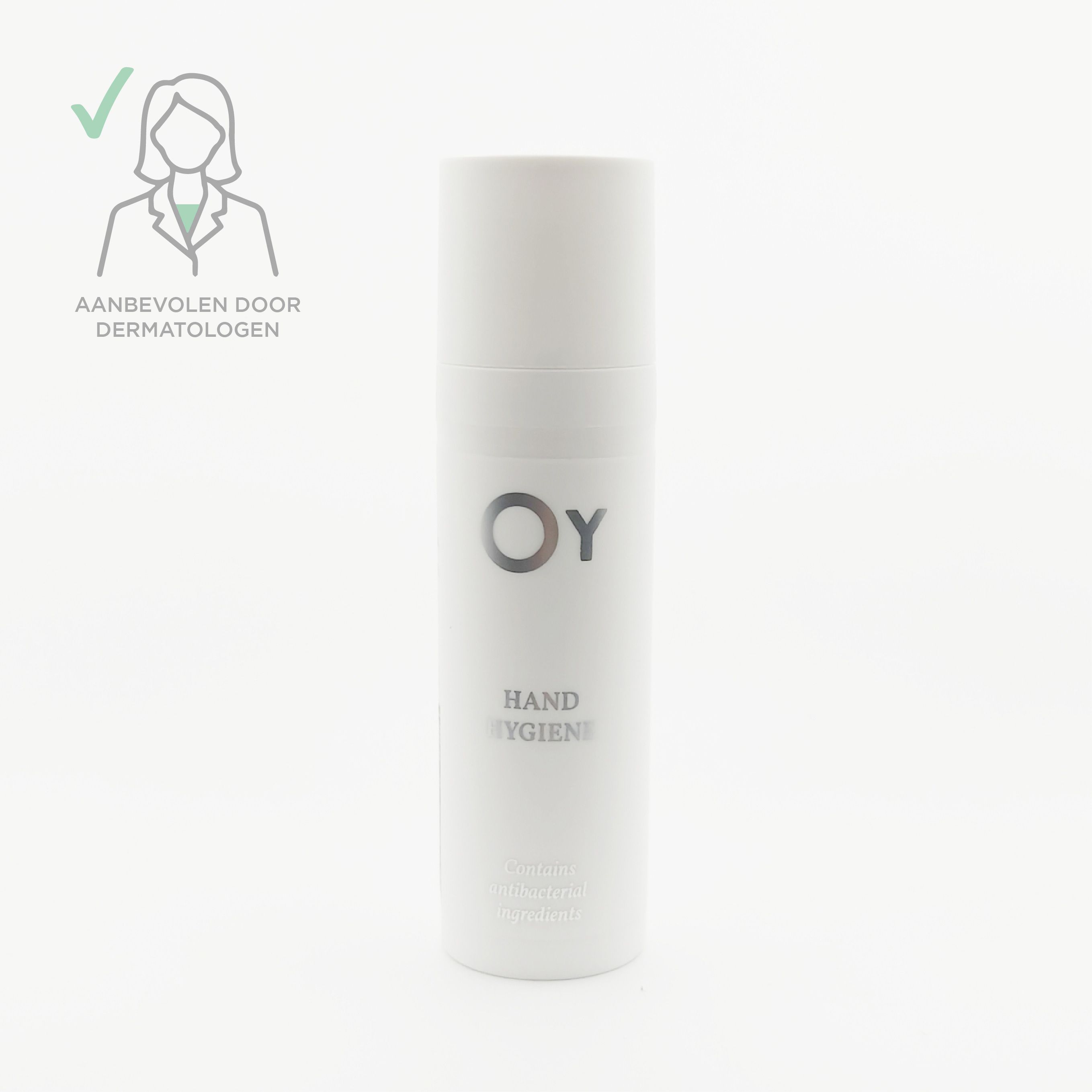 Witte fles met doseerkop. Opschrift: OY, Hand Hygiene. Aanbevolen door dermatologen.