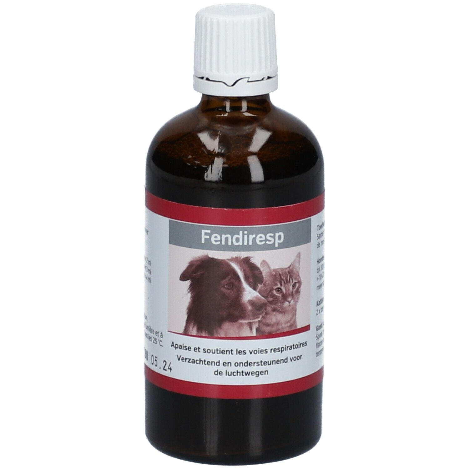 Bruine fles met witte dop. Etiket met productnaam en afbeeldingen van hond en kat. Tekst in meerdere talen.