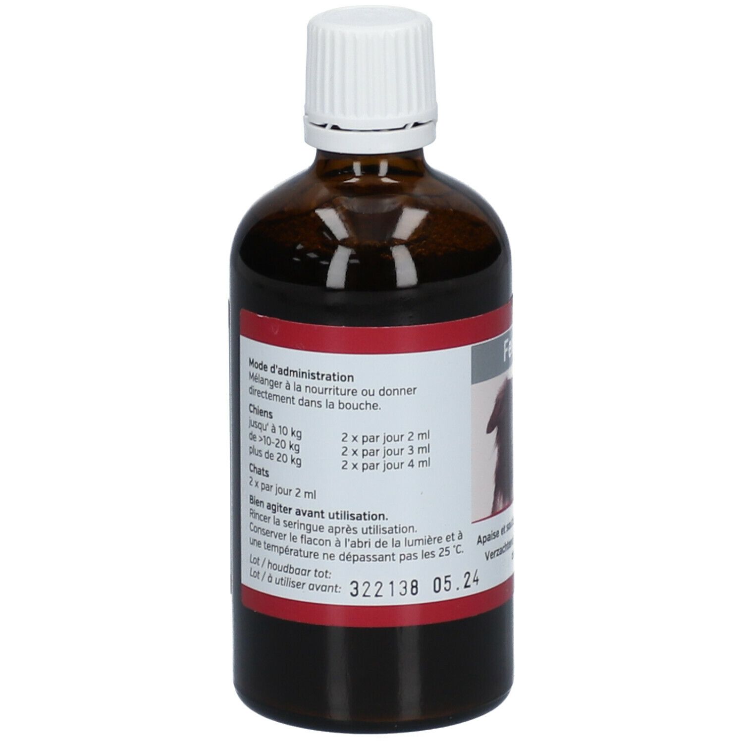 Achteraanzicht van een bruine fles met witte dop. Etiket met doseringsinstructies voor honden en katten.