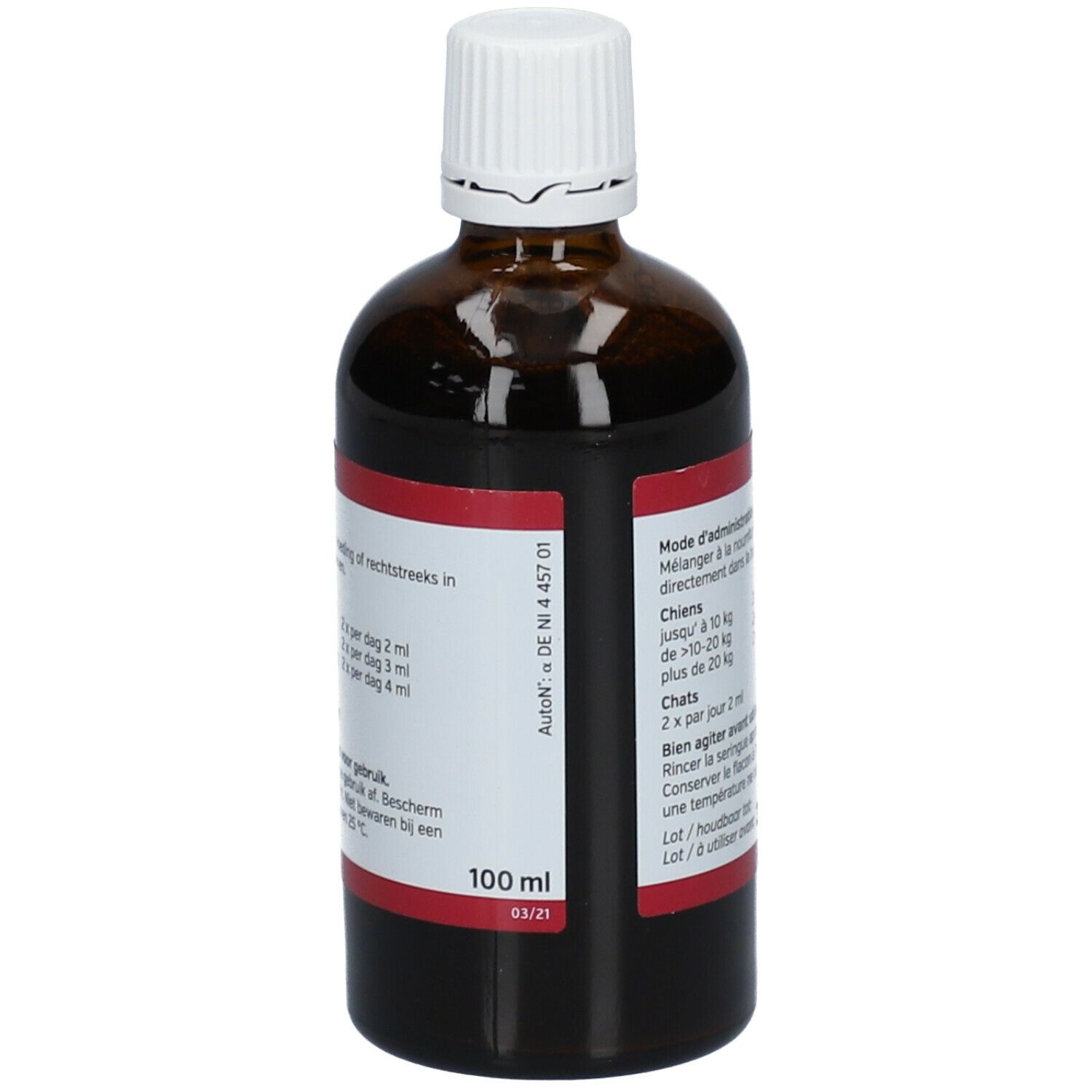 Bruine fles met witte dop. Etiket met doseringsinstructies en volume-aanduiding 100 ml.