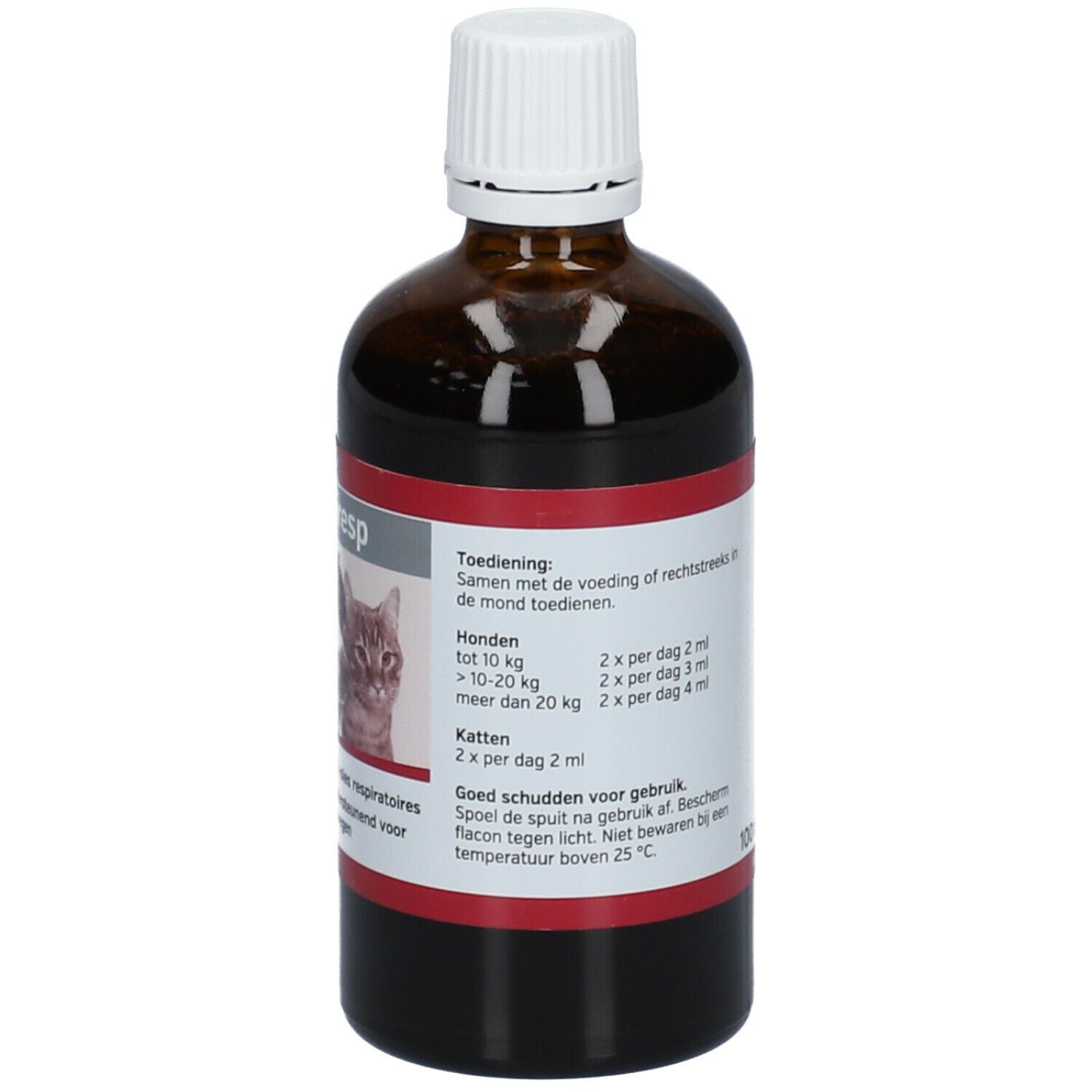 Achteraanzicht van een bruine fles met witte dop. Etiket met doseringsinstructies voor honden en katten.