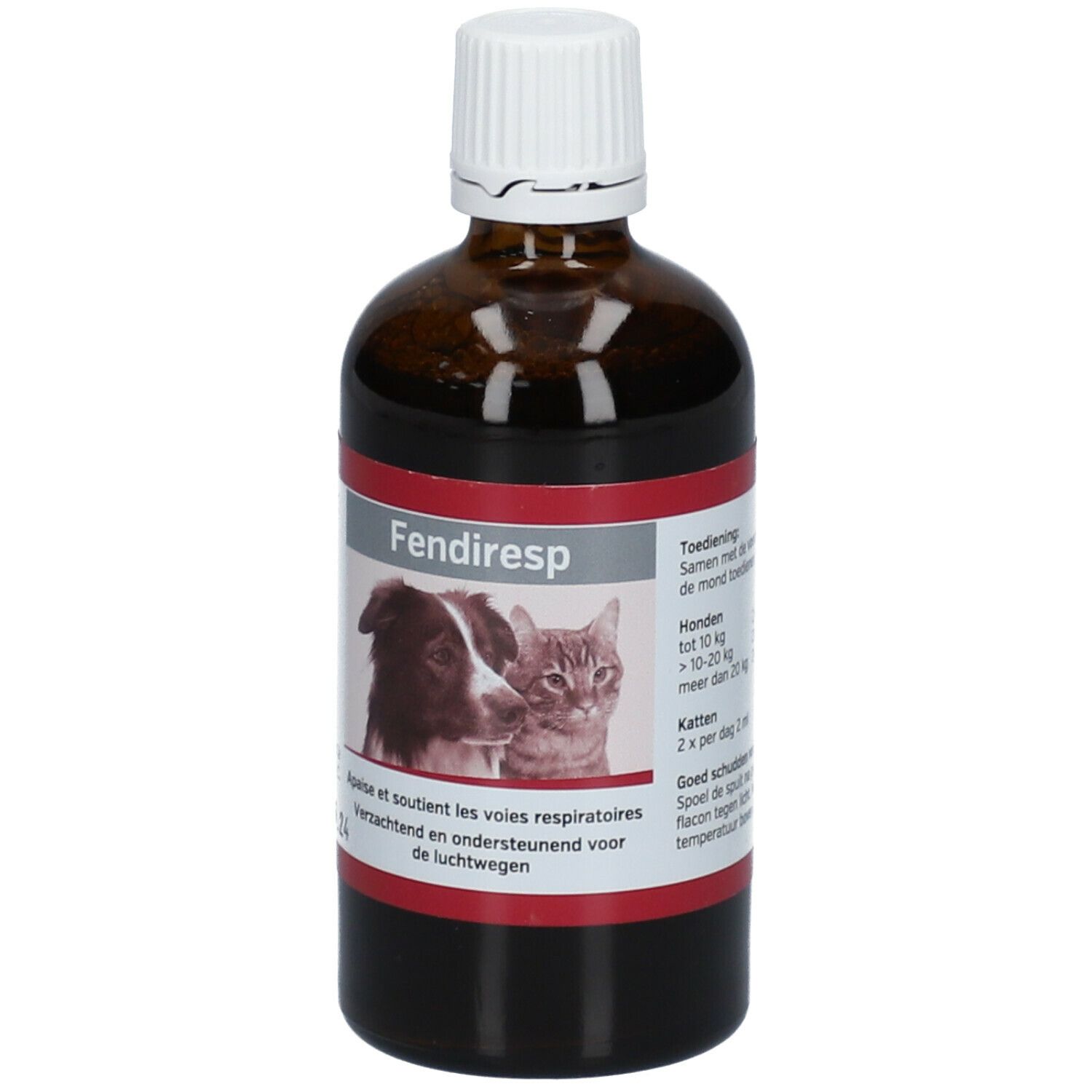 Bruine fles met witte dop. Etiket met productnaam, hond-kat afbeelding en tekst in meerdere talen.