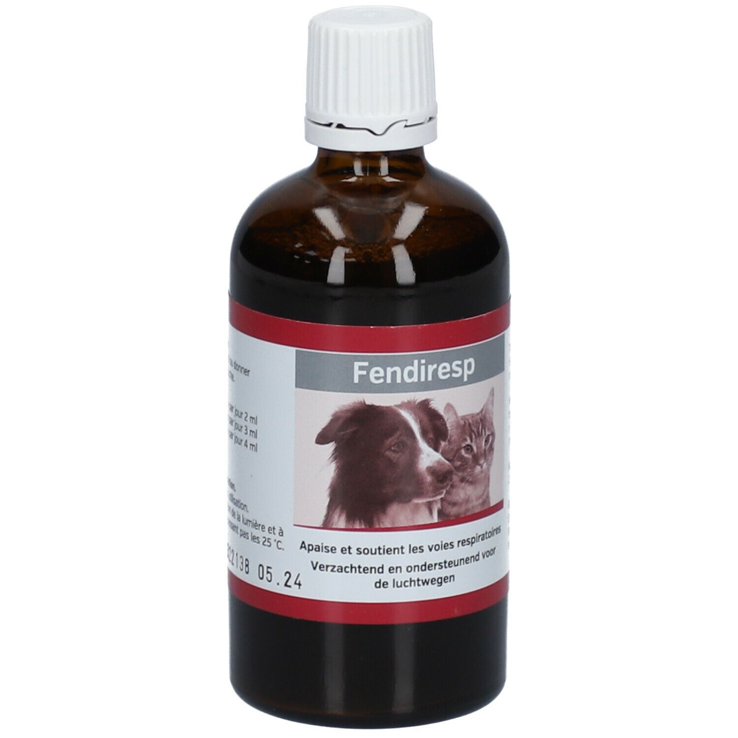 Bruine fles met witte dop. Etiket met productnaam, hond-kat afbeelding en tekst in meerdere talen.