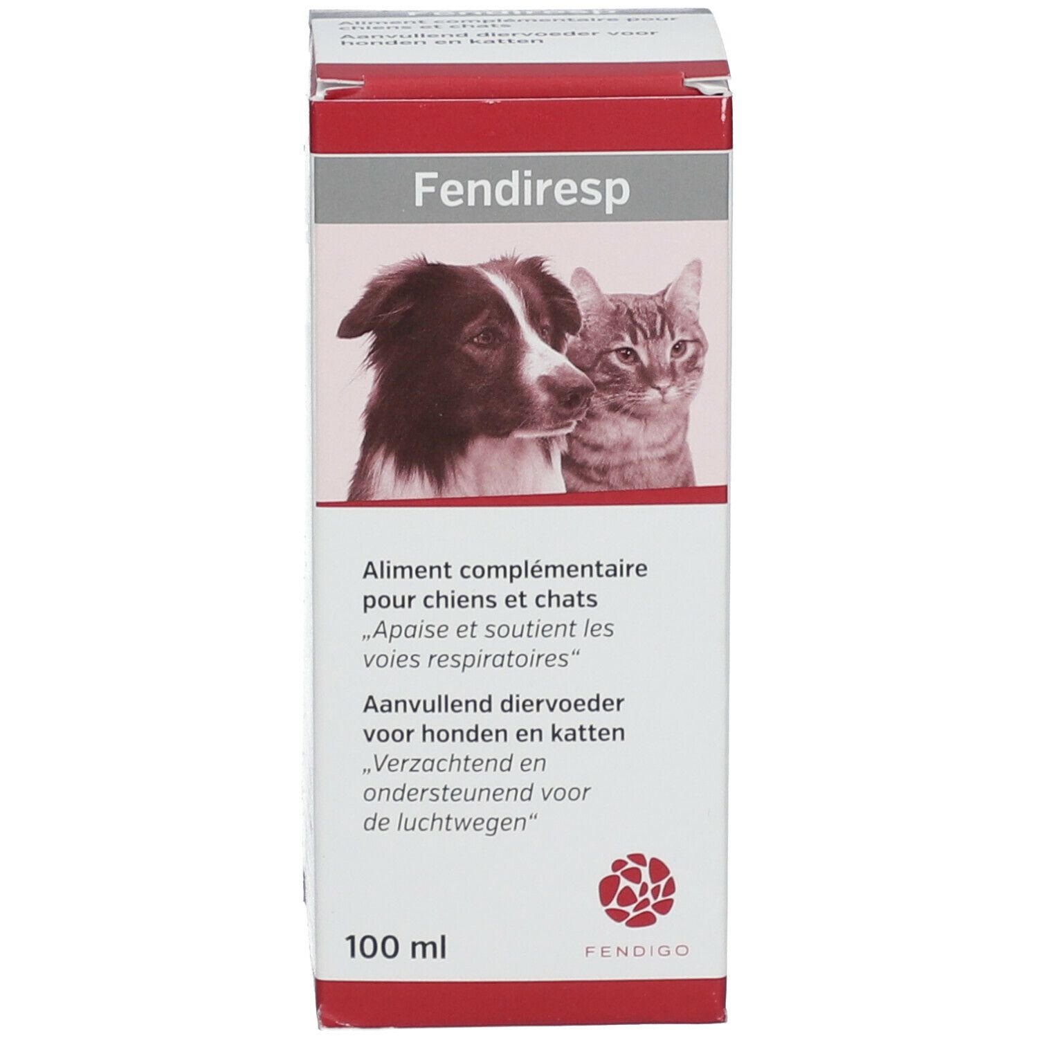 Productverpakking met productnaam, hond-kat afbeelding en tekst in meerdere talen. Volume-aanduiding 100 ml.