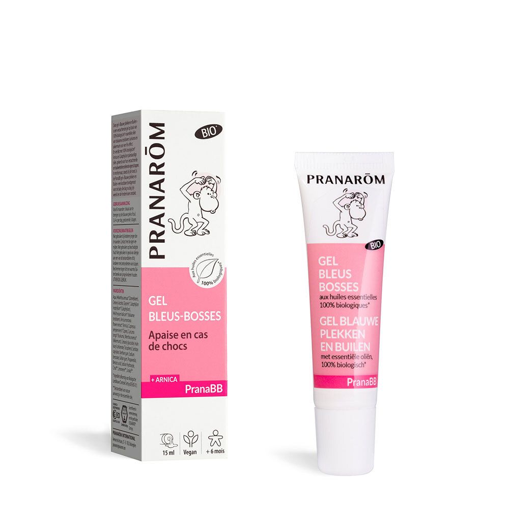 Tube et boîte de produit. Inscription: Pranarôm, Gel Bleus-Bosses, +Arnica, PranaBB. Label Bio.