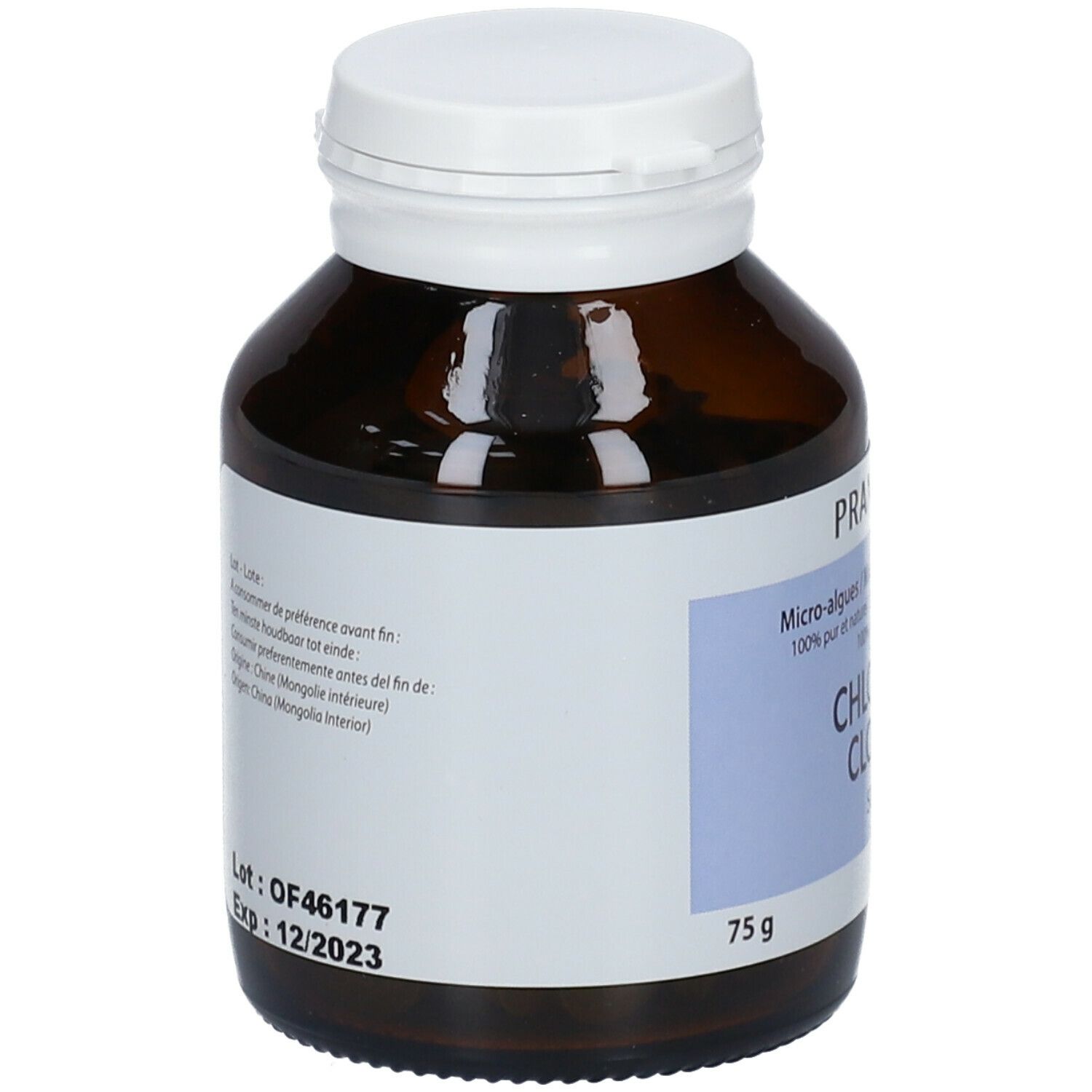 Bruine glazen fles met witte dop. Etiket met informatie. Bevat 75g. Ten minste houdbaar tot: 12/2023.