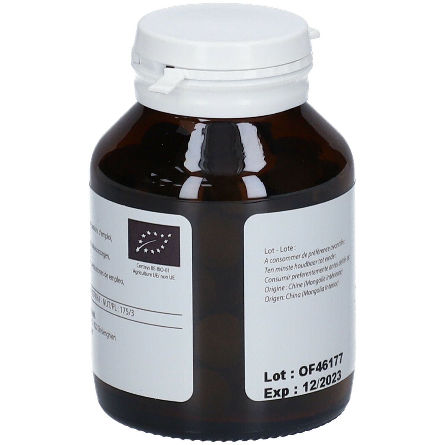 Bruine glazen fles met witte dop. Etiket met bio-keurmerk. Ten minste houdbaar tot: 12/2023. Herkomst: China.