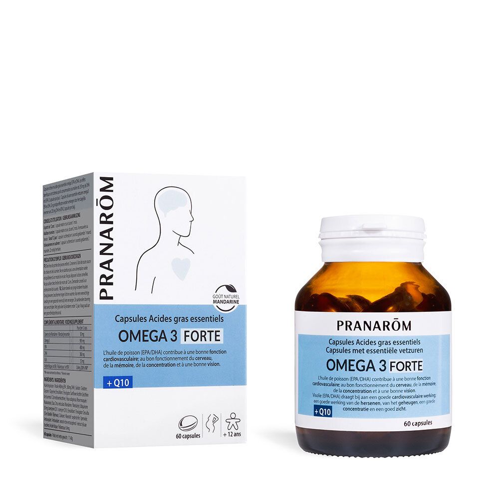 PRANAROM Omega 3 Forte, capsules et emballage. Flacon en verre brun et boîte avec informations et logo.
