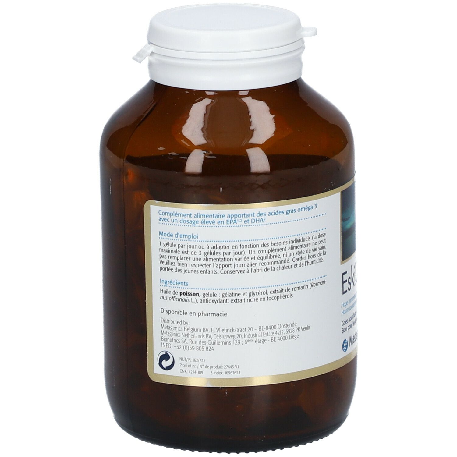 Achteraanzicht van bruine fles met witte dop. Etiket met productinformatie. Bevat omega-3 capsules.