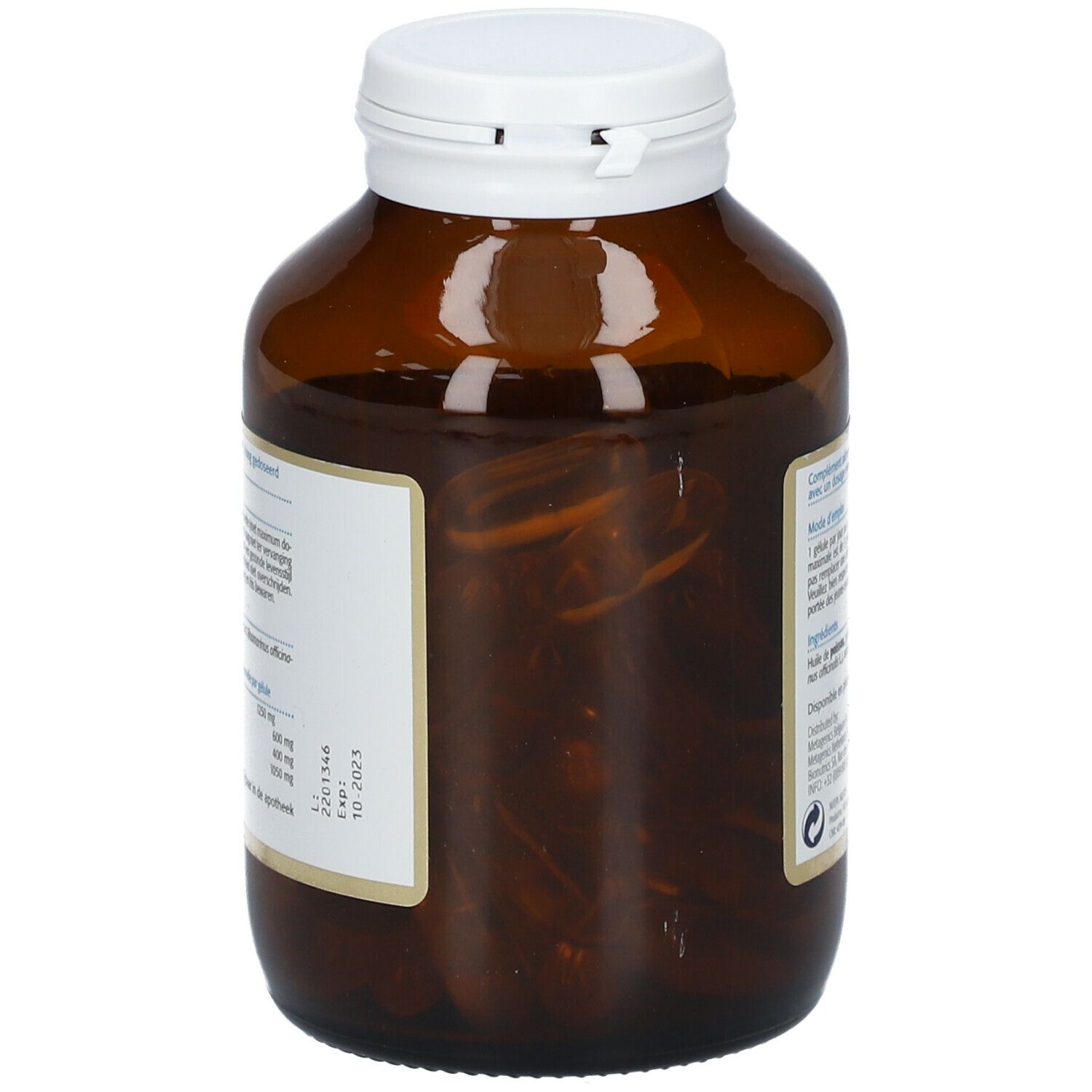 Bruine fles met witte dop. Zicht op capsules. Etiket met productinformatie. Bevat omega-3 capsules.