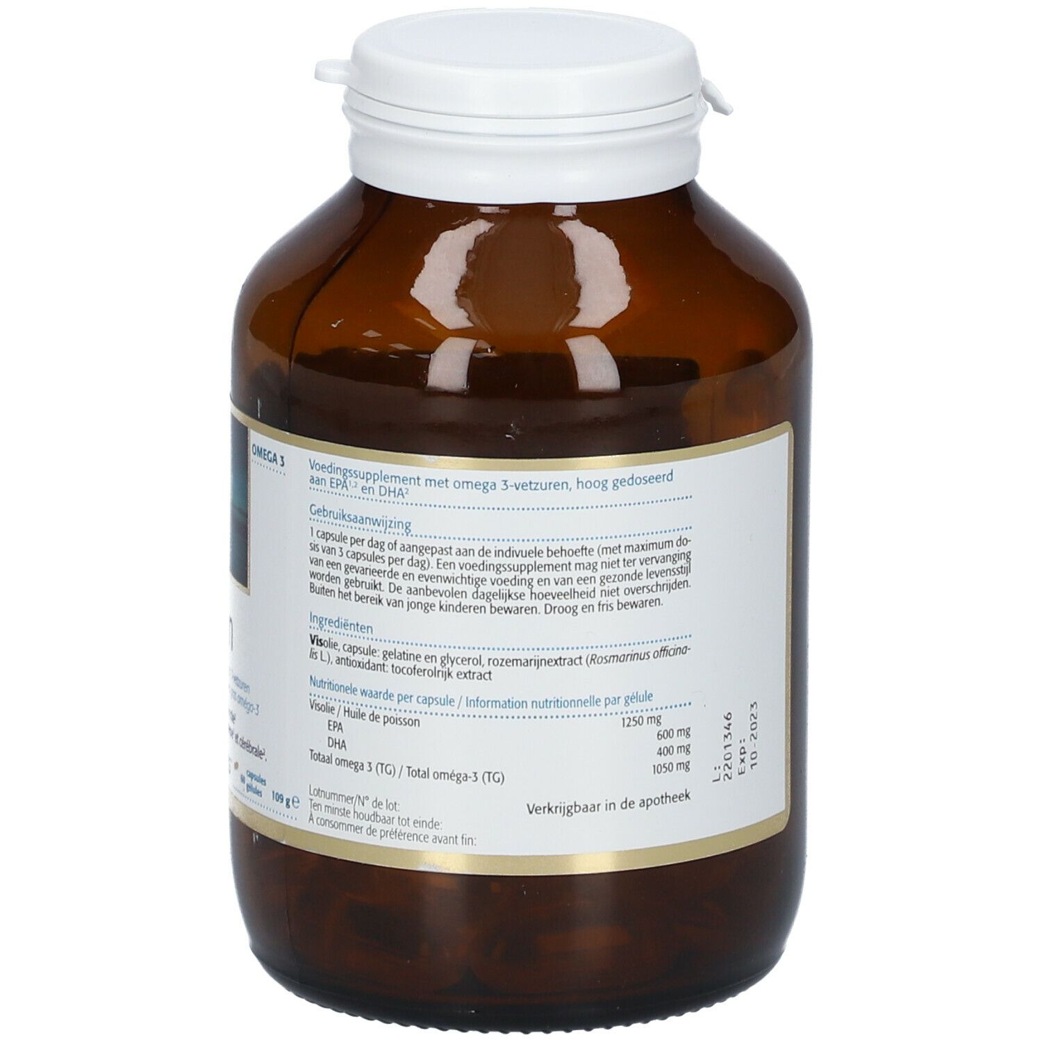 Achteraanzicht van bruine fles met witte dop. Etiket met productinformatie. Bevat omega-3 capsules.