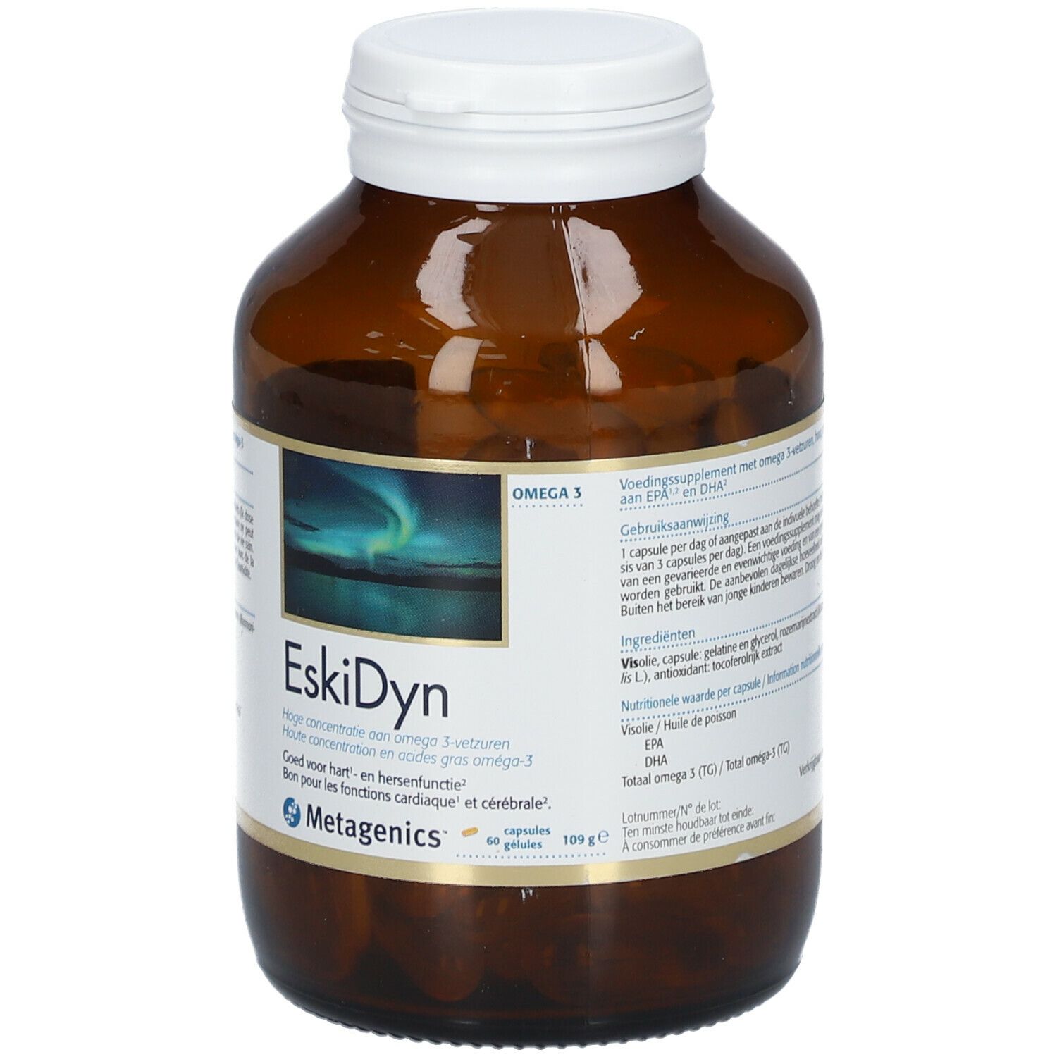Bruine fles met witte dop. Etiket met productnaam EskiDyn en Metagenics-logo. Bevat omega-3 capsules.