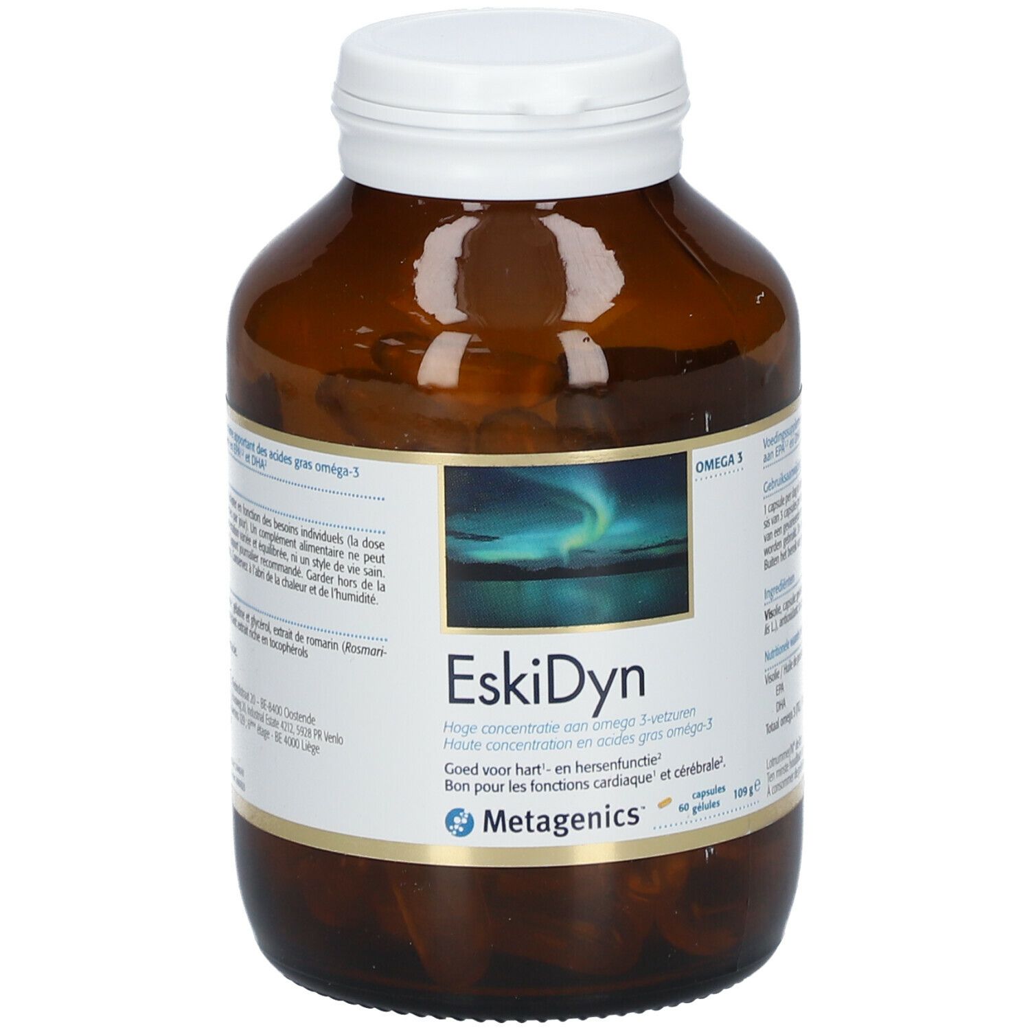 Bruine fles met witte dop. Etiket met productnaam EskiDyn en Metagenics-logo. Bevat omega-3 capsules.