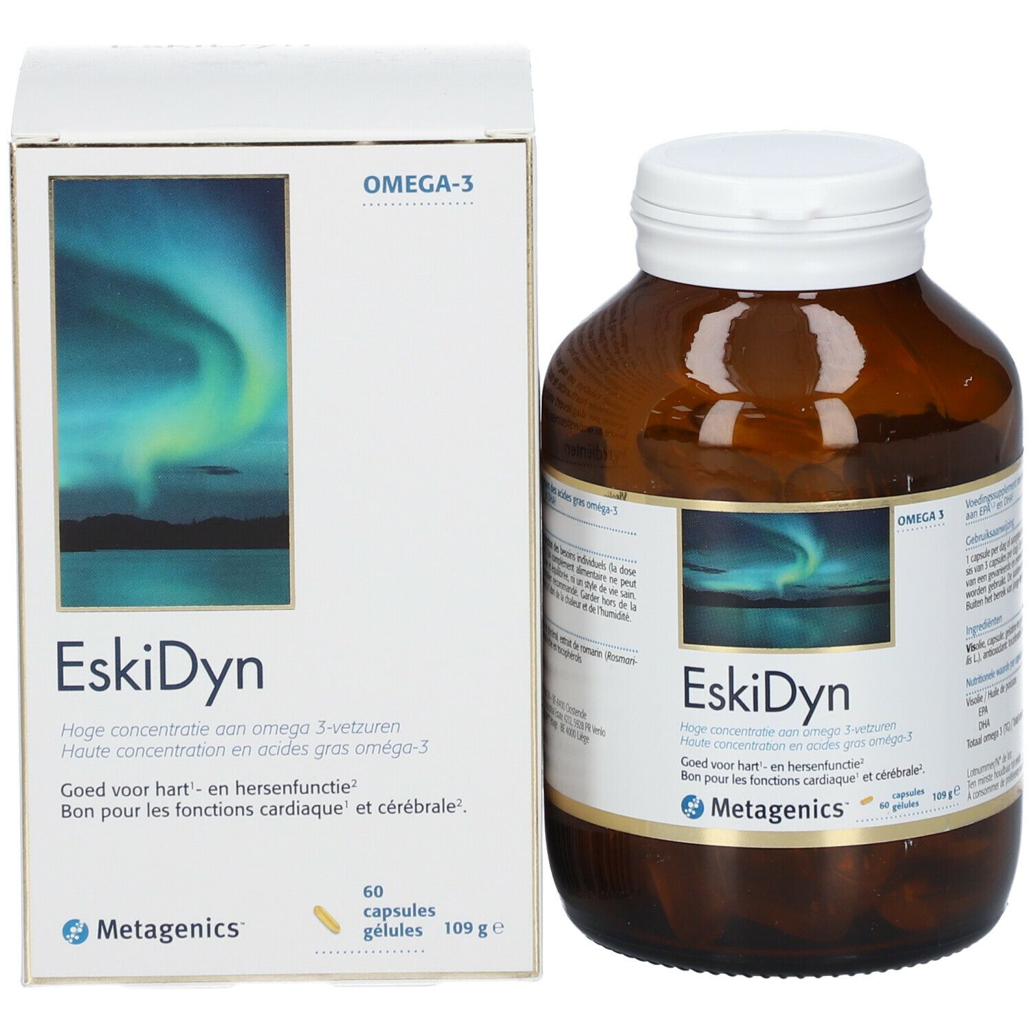 Productverpakking en fles. Verpakking met productnaam EskiDyn en Metagenics-logo. Bevat omega-3 capsules.