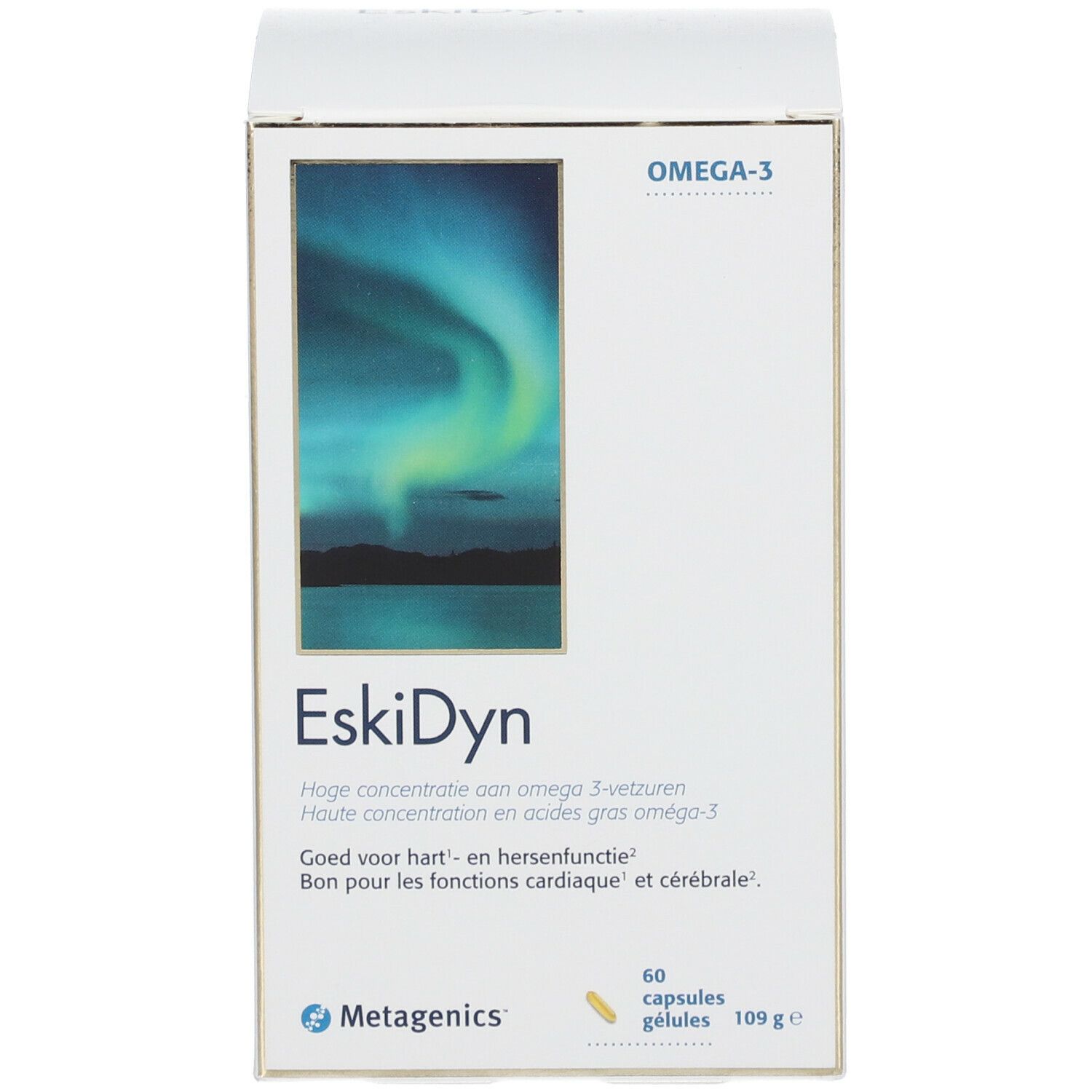 Productverpakking met productnaam EskiDyn en Metagenics-logo. Bevat omega-3 capsules.
