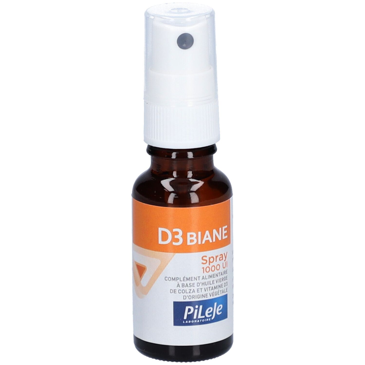Braune Glasflasche mit weißem Sprühkopf. Aufkleber mit Text: D3 Biane Spray 1000 UI. PiLeje.