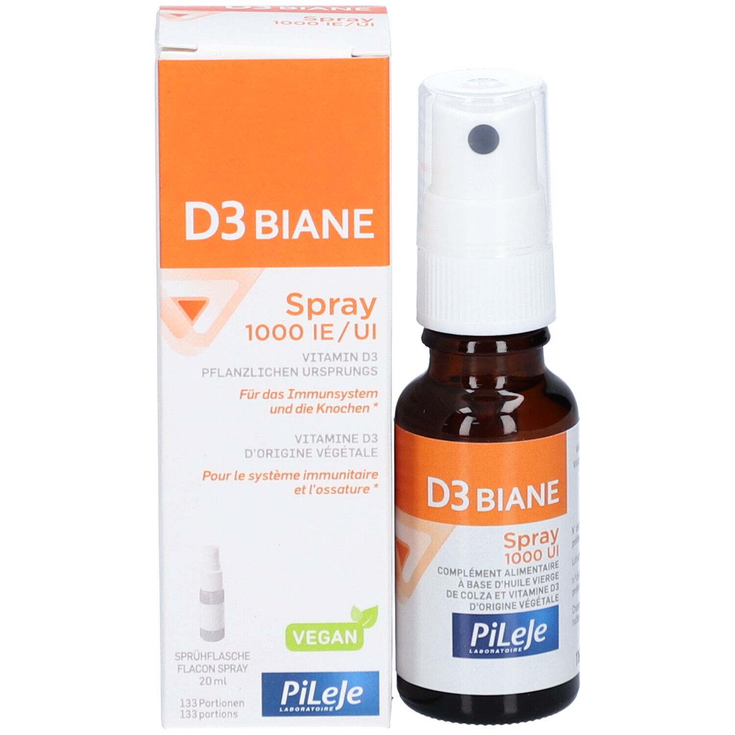 Produkt und Verpackung. Braune Flasche mit weißem Sprühkopf. Karton mit Text: D3 Biane Spray 1000 UI. PiLeje.