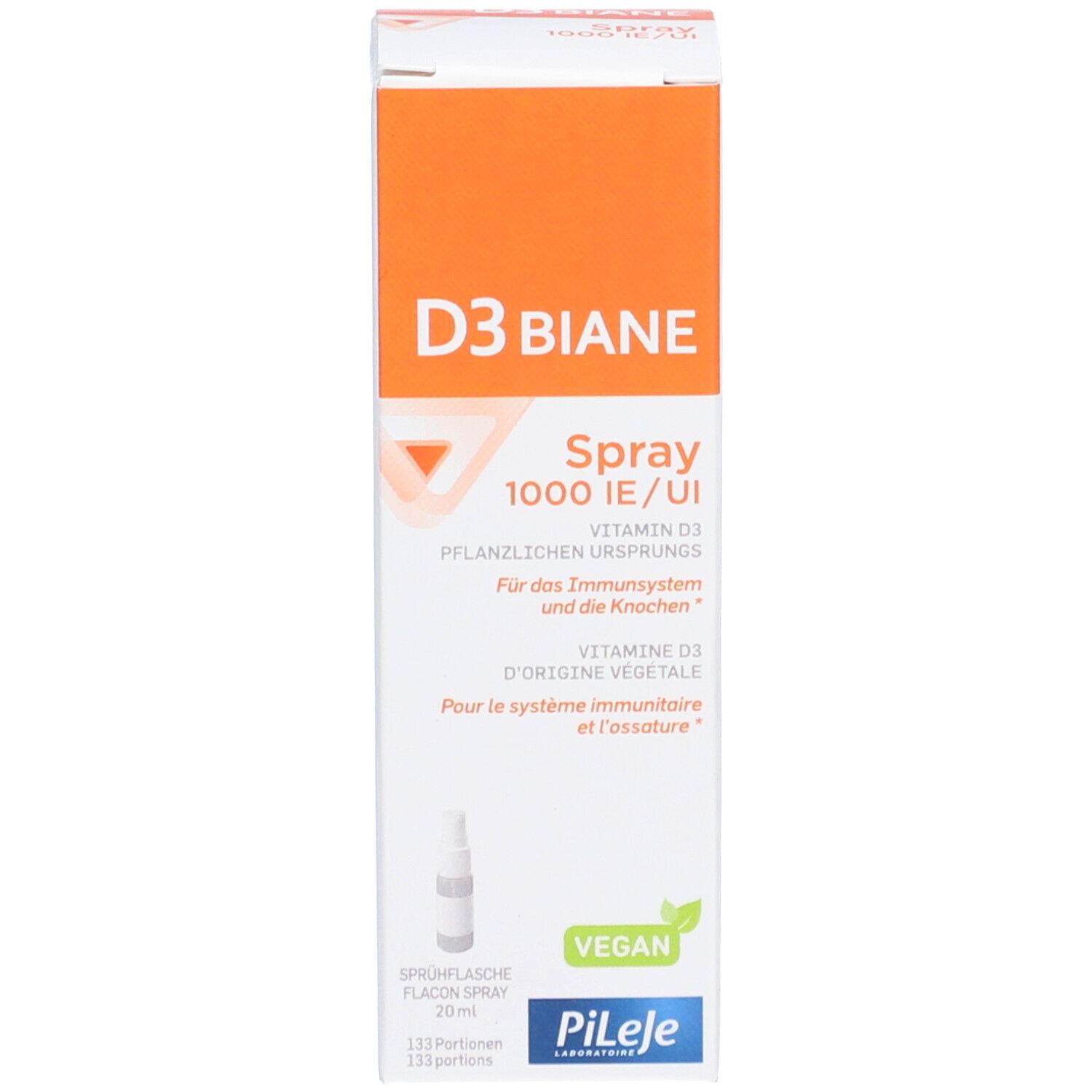 Produkt und Verpackung. Braune Flasche mit weißem Sprühkopf. Karton mit Text: D3 Biane Spray 1000 UI. PiLeje.