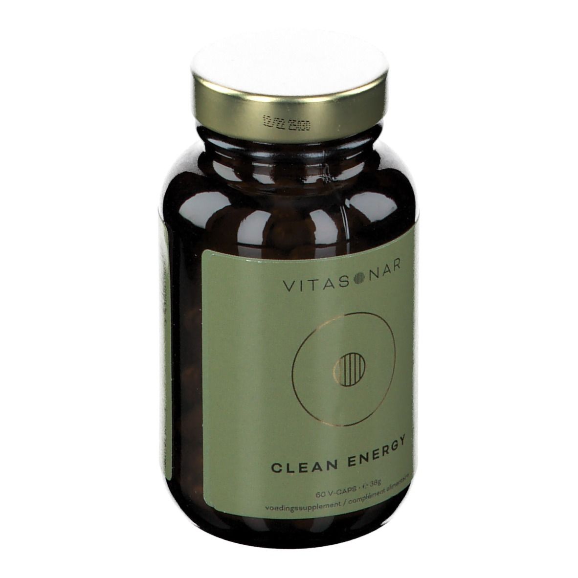 Bruine glazen fles met gouden dop. Etiket met "VITASONAR" en "CLEAN ENERGY".